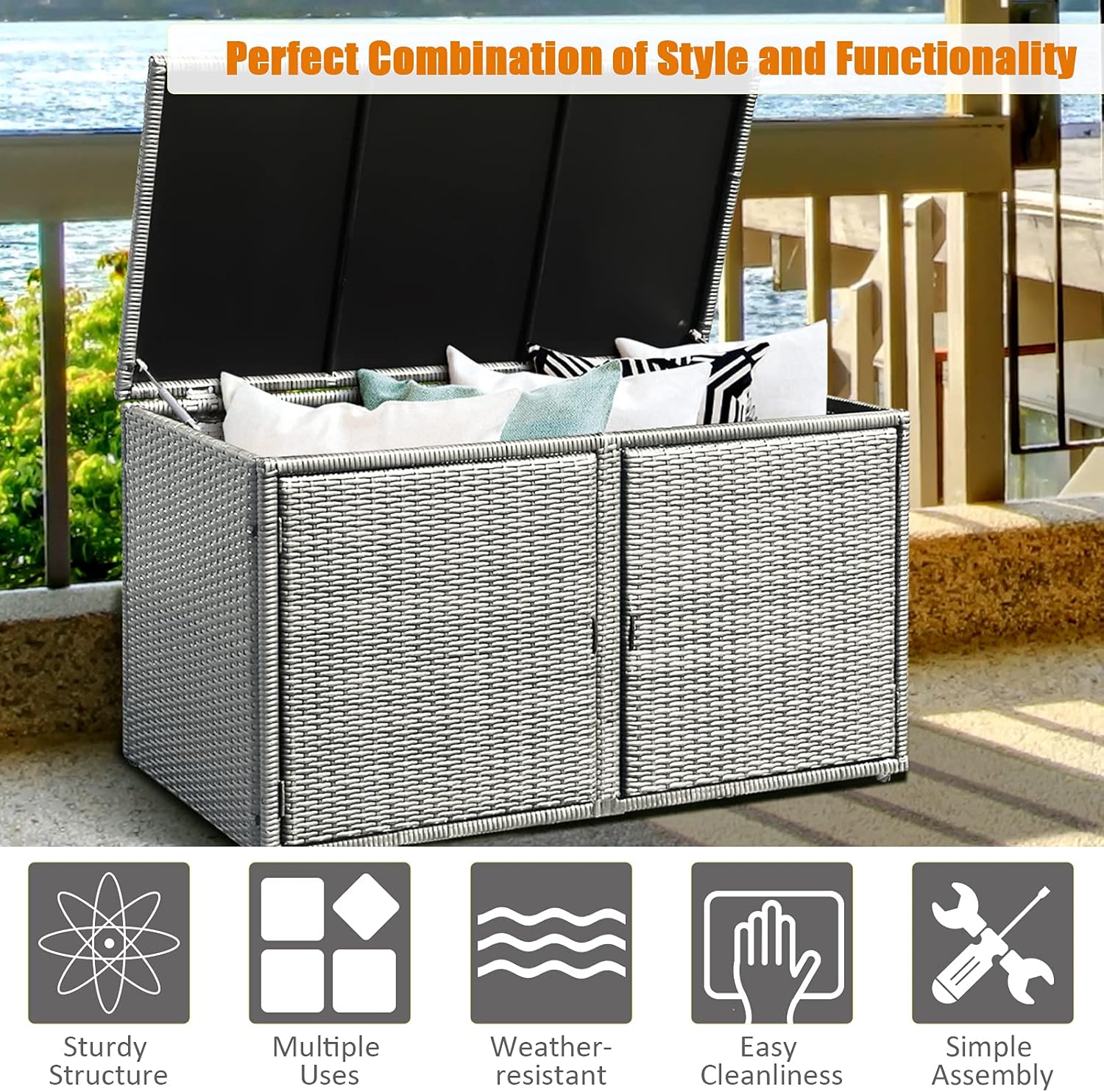 HAPPYGRILL Deck Box Outdoor Patio Pool Storage Box Outside Rattan Wicker Storage Bin Cabinet with Steel Frame Shelf for Garden Balcony Porch Yard Furniture Tools