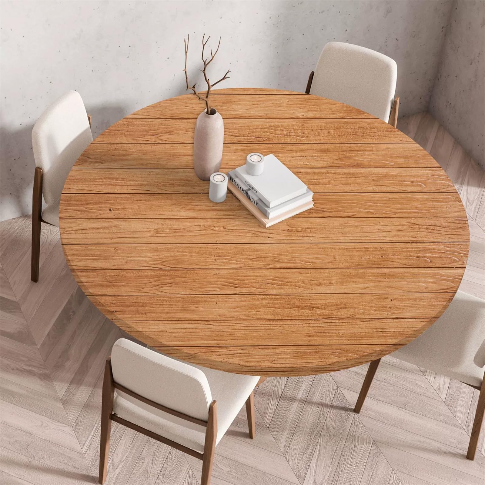 Tree Wipeable Table Cloth Round Tablecloth Protector, Woodgrain Effect Texture Elastic Edged Fitted Backed Splash-Proof Table Cover Washable for Dining Room Kitchen Picnic Party (Wood Grain,120cm)