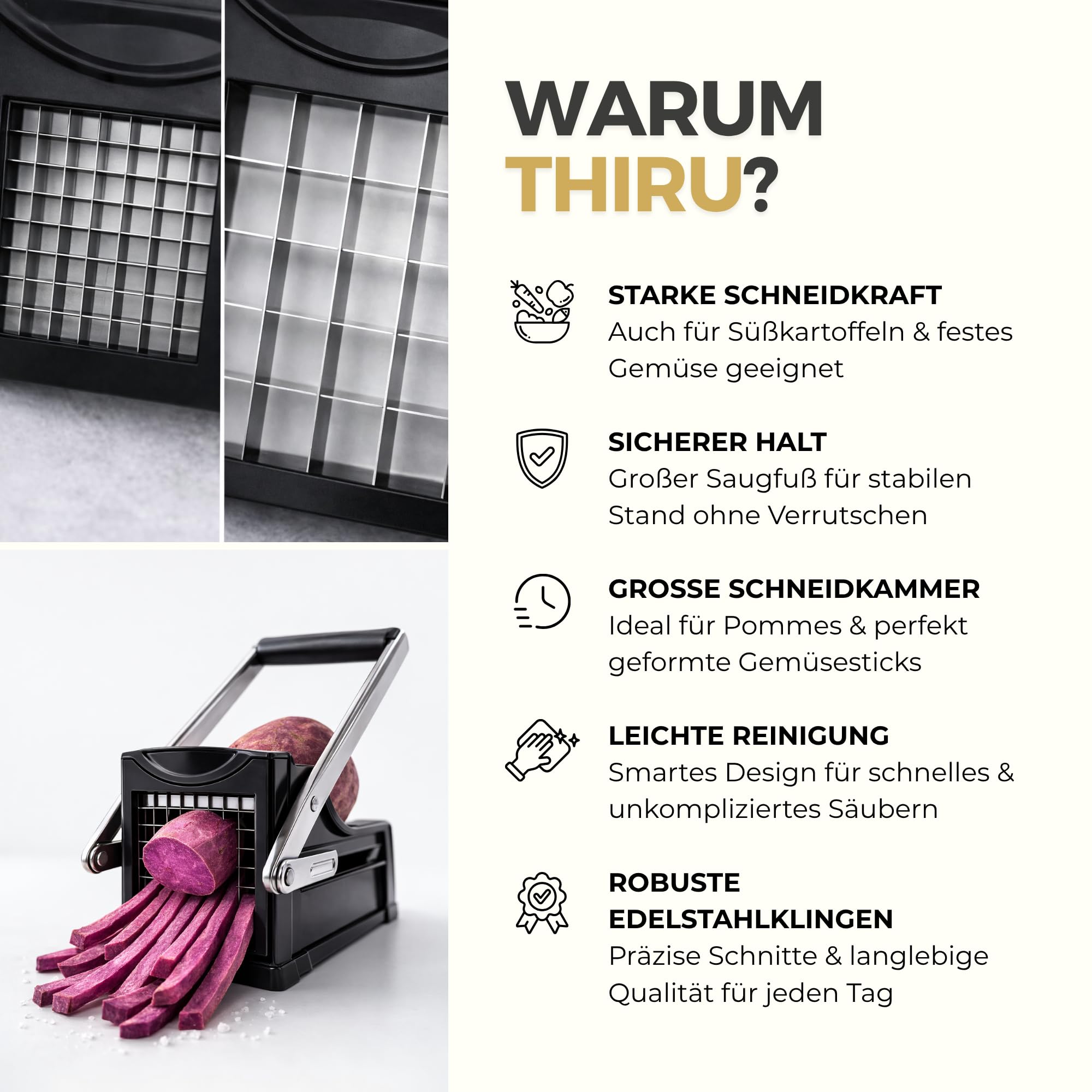 Thiru Premium Pommesschneider mit starker Schneidkraft - Note "sehr gut" - 100 Tage testen - Kartoffelschneider & Gemüseschneider für Pommes, Süßkartoffeln & Obst - mit 2 Edelstahlklingen & Saugfuß