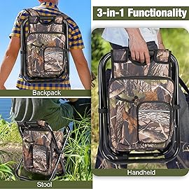 Kikerike Backpack Stool Cooler Chair Heavy Duty 300 LBS Max Load Portable Lightweight Stool Backpack Folding Fishing Cooler Seat for Camping Hunting Fishing - Woodland