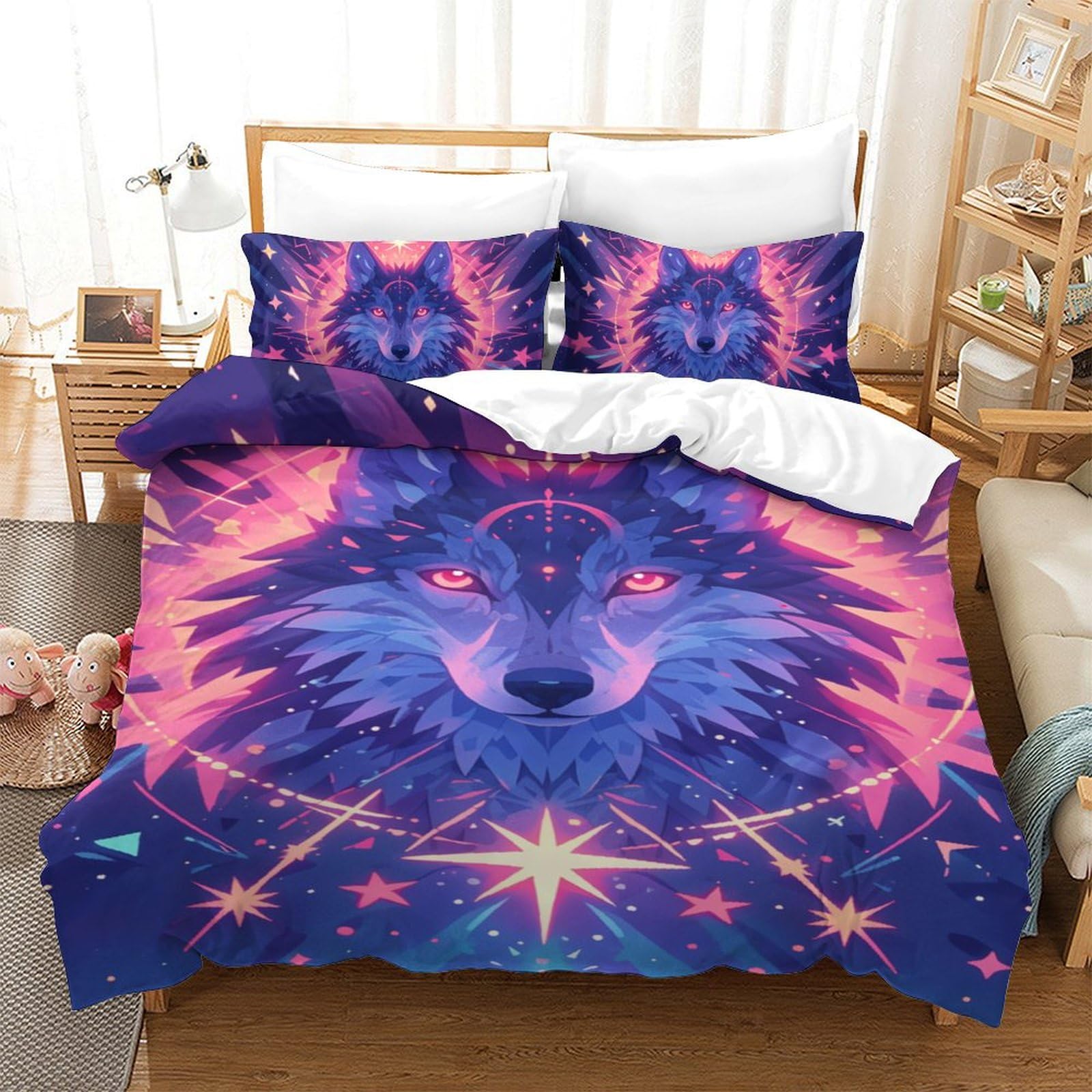 Housses de couettes loup lit simple anti-transpiration, parure microfibre douce 140x200 anti-plis
