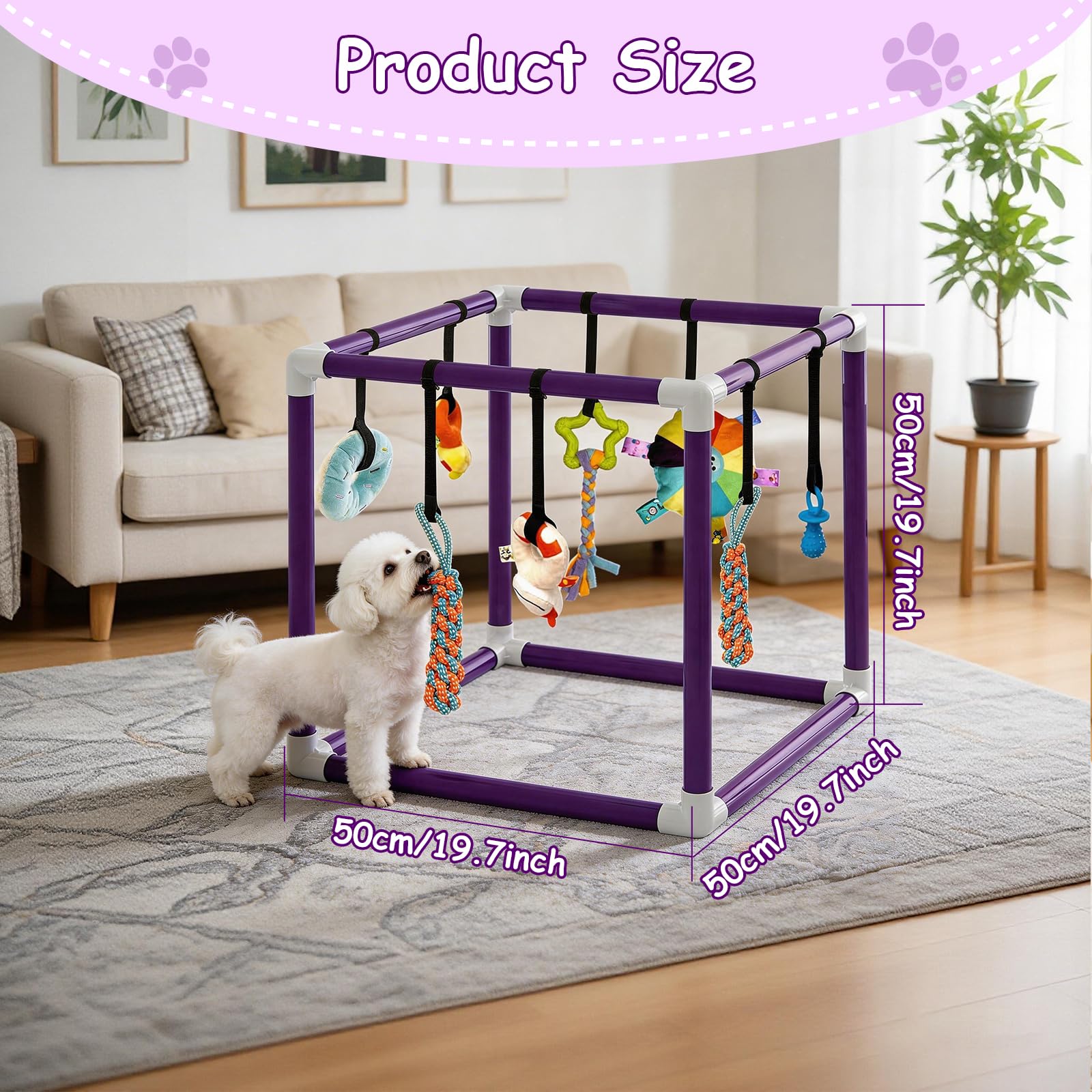 Estudio de juegos para cachorros con 8 juguetes colgantes, marco de PVC morado, centro de actividades para perros pequeños, estudio de juegos para cachorros para perros pequeños, paraíso con