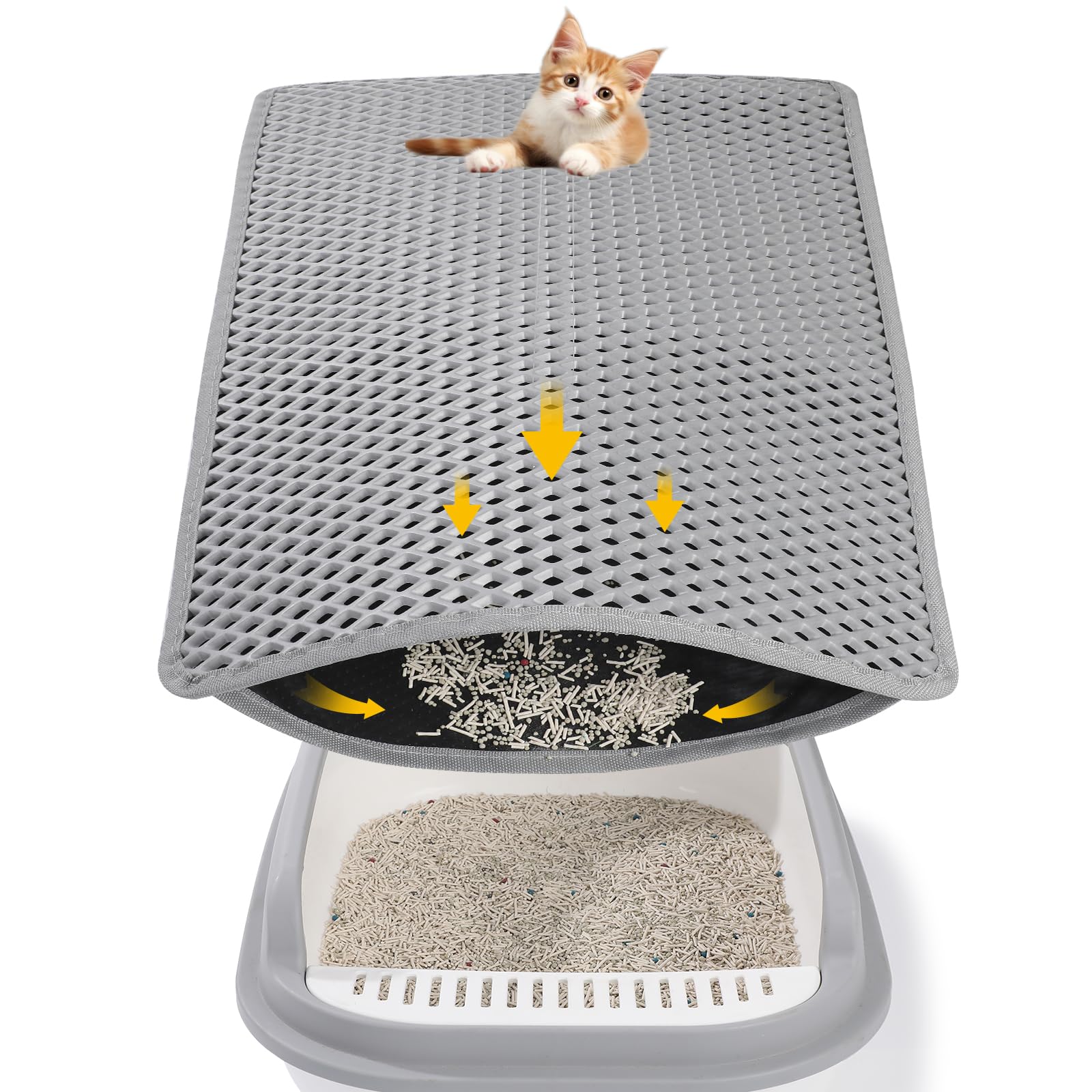 Katzenklo Matte, 61 x 38cm Katzenstreu Auffangmatte Katzenstreu Matte Katzenteppich Doppellagig rutschfest Geruchsfrei Katzen Matte für Toilette (Grau)