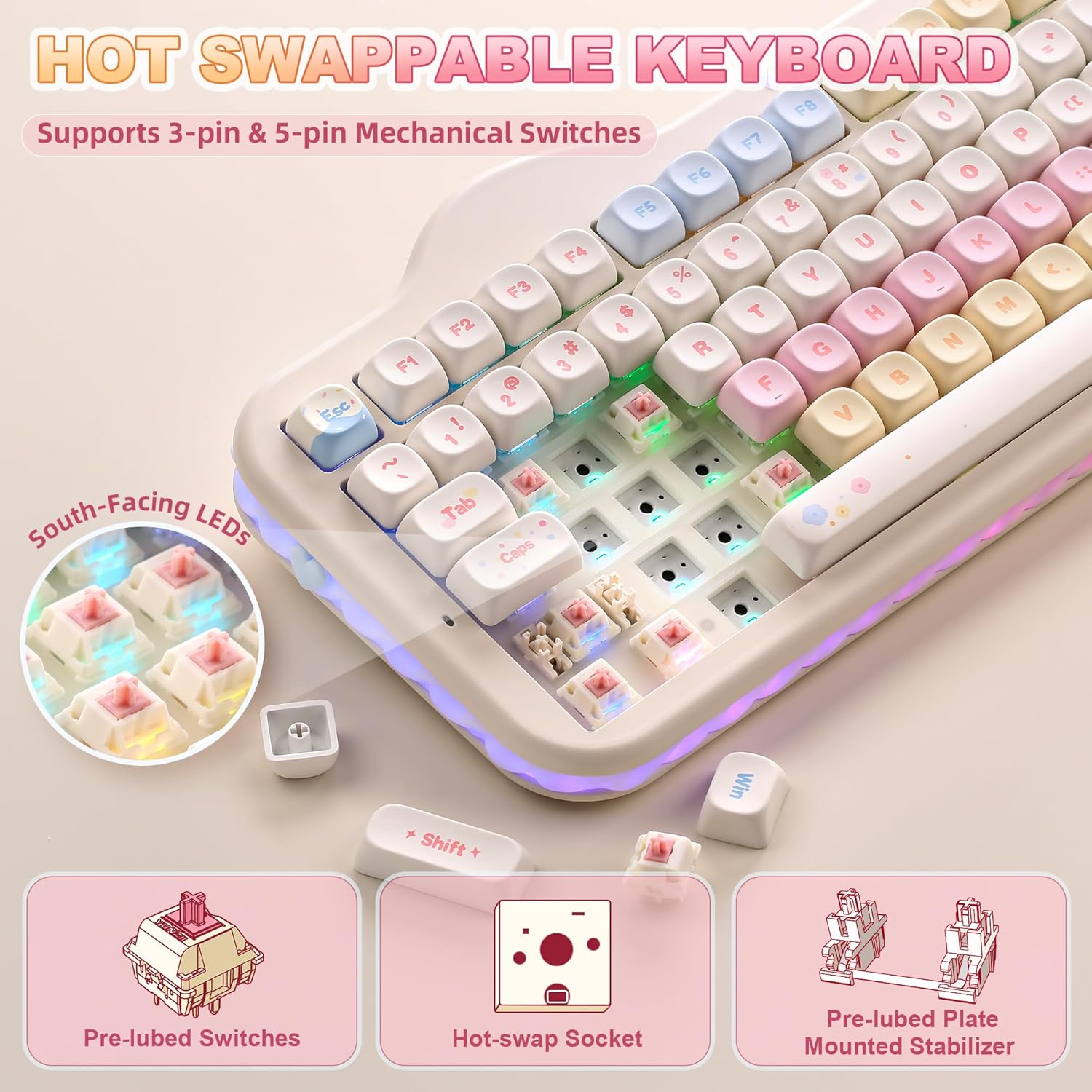 YUNZII C98 Wireless Mechanical Keyboard with Number Pad,99 Key BT5.0/2.4G/USB-C Hot Swap Gasket Mount with PBT MOA Keycaps,Custom RGB,Cute Cake Keyboard for Win/Mac (Beige, Candy Linear Switch) 6 81YCCLjJKmL. AC SL1500