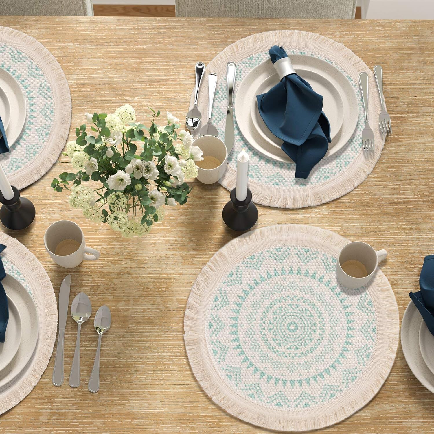 OJIA Round Placemats Set of 4,Boho Macrame Woven Table Mats,13 Inch Small Aqua and Cream Cotton Non-Slip Circle Heat Resistant Kitchen Placemats for Dining Table Dinner Farmhouse Decor