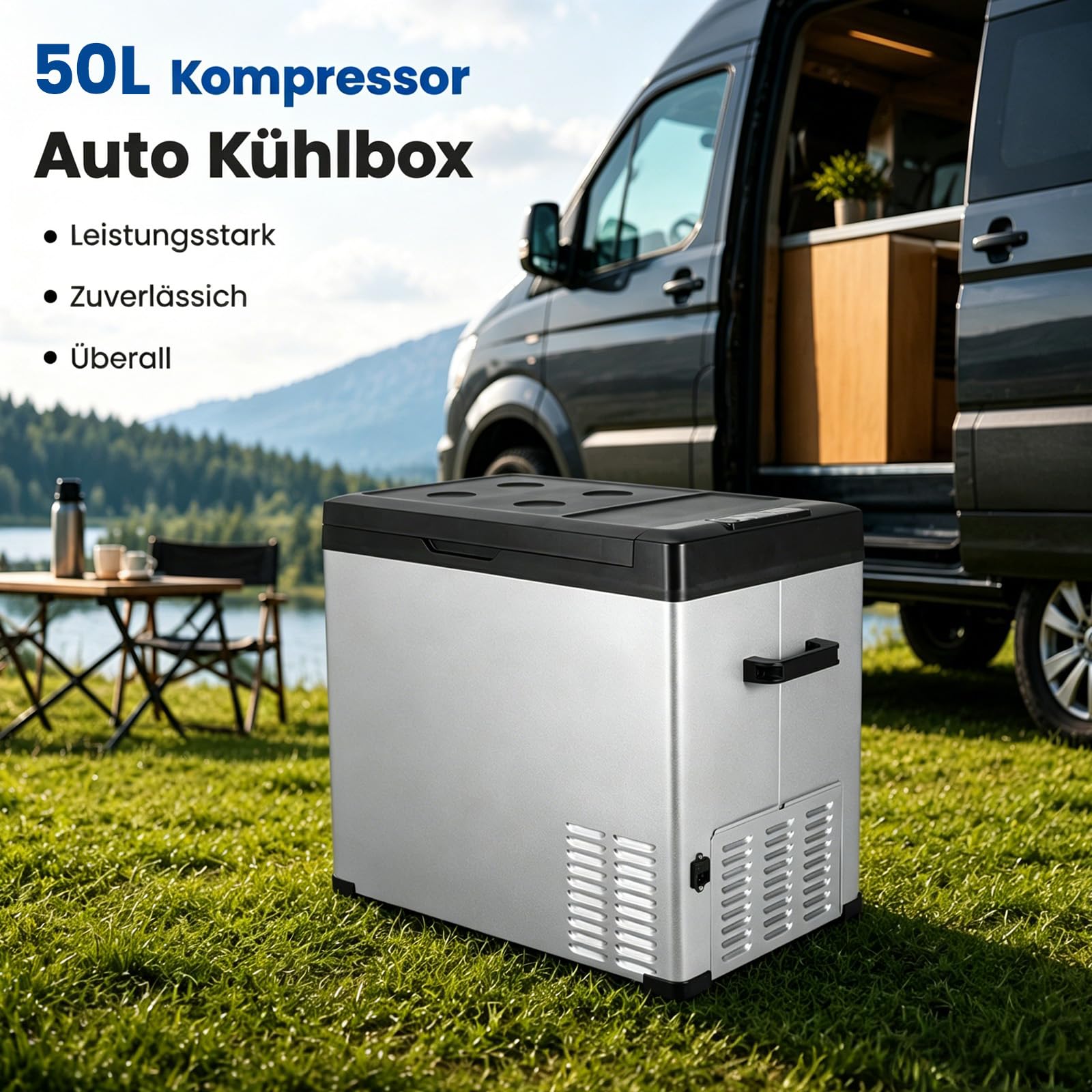 Metallgehäuse Auto-Kühlschrank 50 L – Tragbare Kühlbox für Fahrzeug, Camping oder Reisen, Verschiedene Größen verfügbar