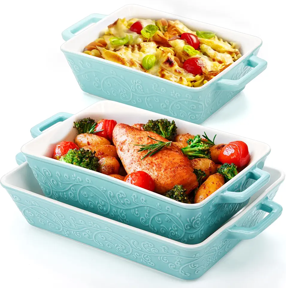 Okllen Set of 3 Casserole Dishes for Oven, Ceramic Baking Dishes with Handles, Rectangular Lasagna Pan Bakeware Set for Baking Cooking, Roasting, Broiling, Gratin, Wedding &amp; Housewarming Gift, Blu