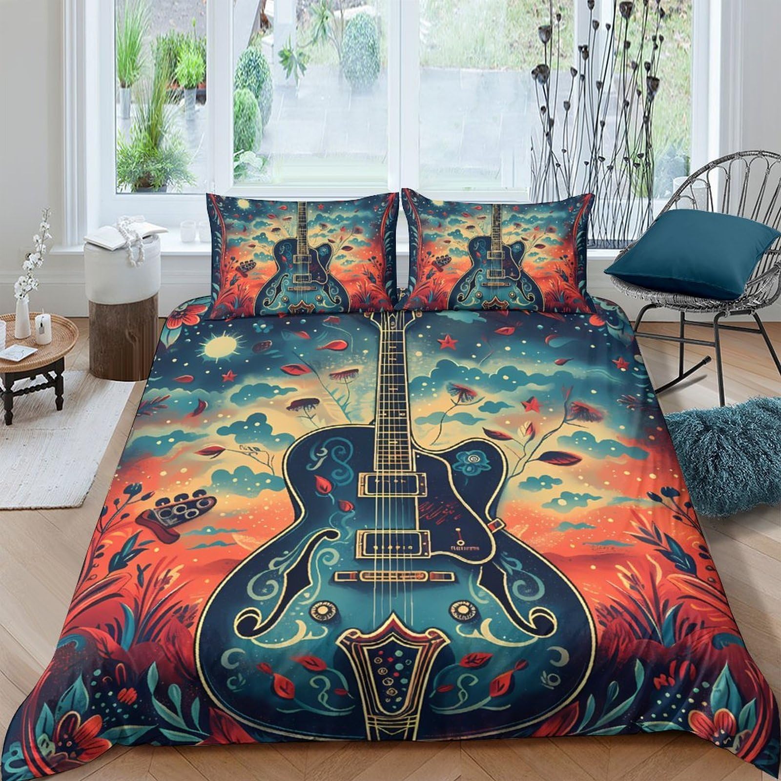 Ctjqhvkz Style-7 3D Printed Sunset Guitar Fitted Sheet Microfiber Artistic Music Bed Cover Anti-Slip For Bedroom Guestroom Easy Care Single（135X200cm）