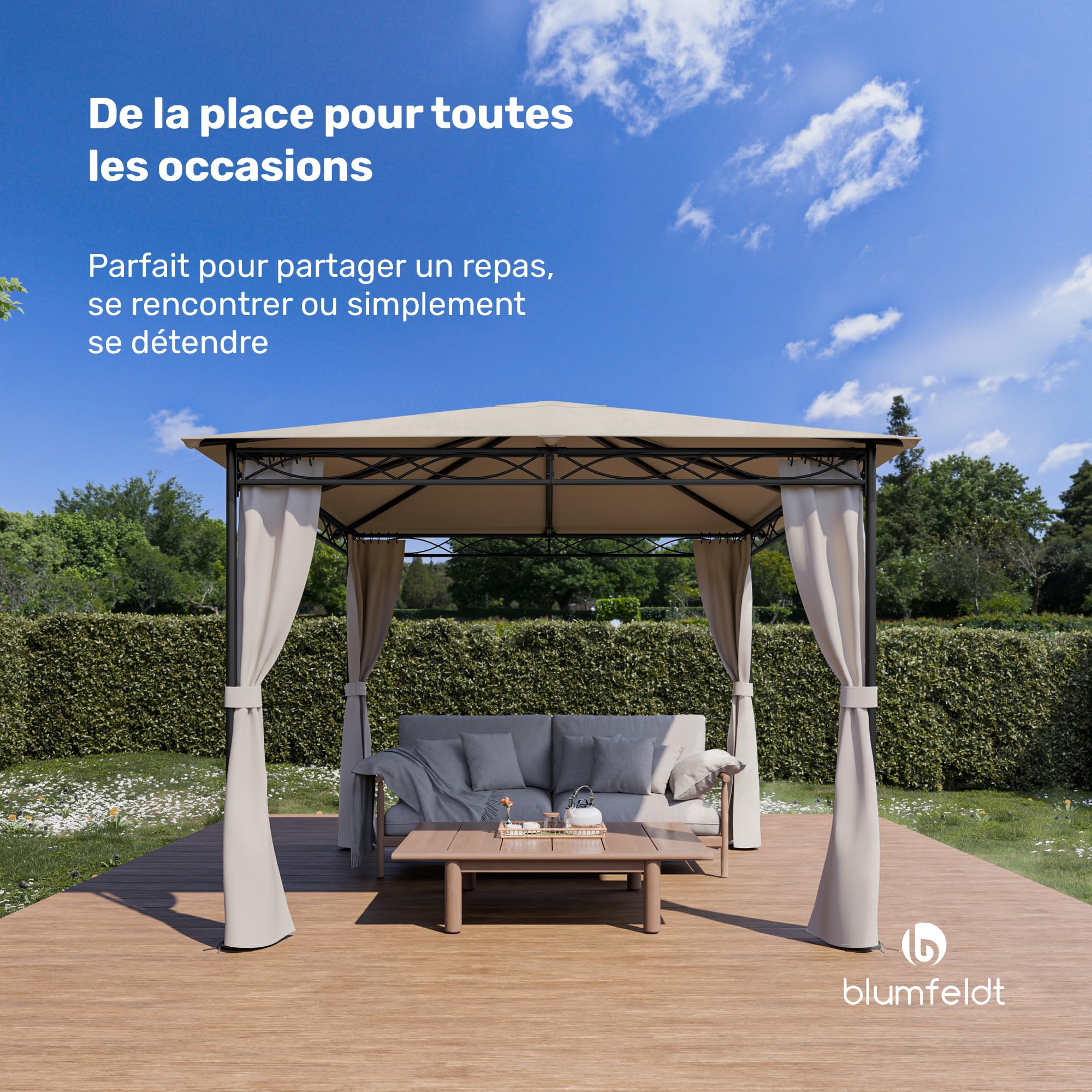 Blumfeldt Mondo - Pergola, namiot imprezowy, namiot ogrodowy, gazebo, Wymiary: 2,95 x 2,6 x 2,95 m (SxWxG), 4 ściany boczne, EasyMount Concept, Ochrona przed UV/wiatrem/deszczem, beżowy