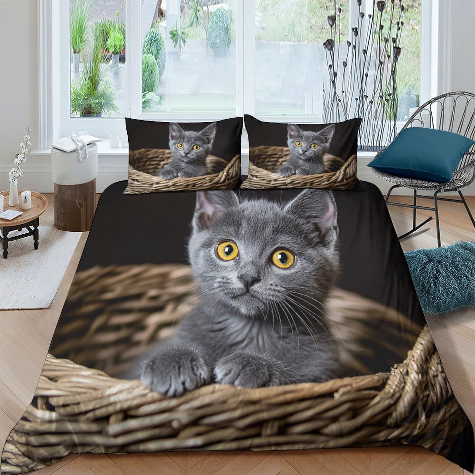 Ctjqhvkz Style-1 3D Printed Grey Cat Basket Fitted Sheet Microfiber Soft Breathable Cute Kitten Bed Cover For Bedroom Dorm Mattress Decor Single（135X200cm）