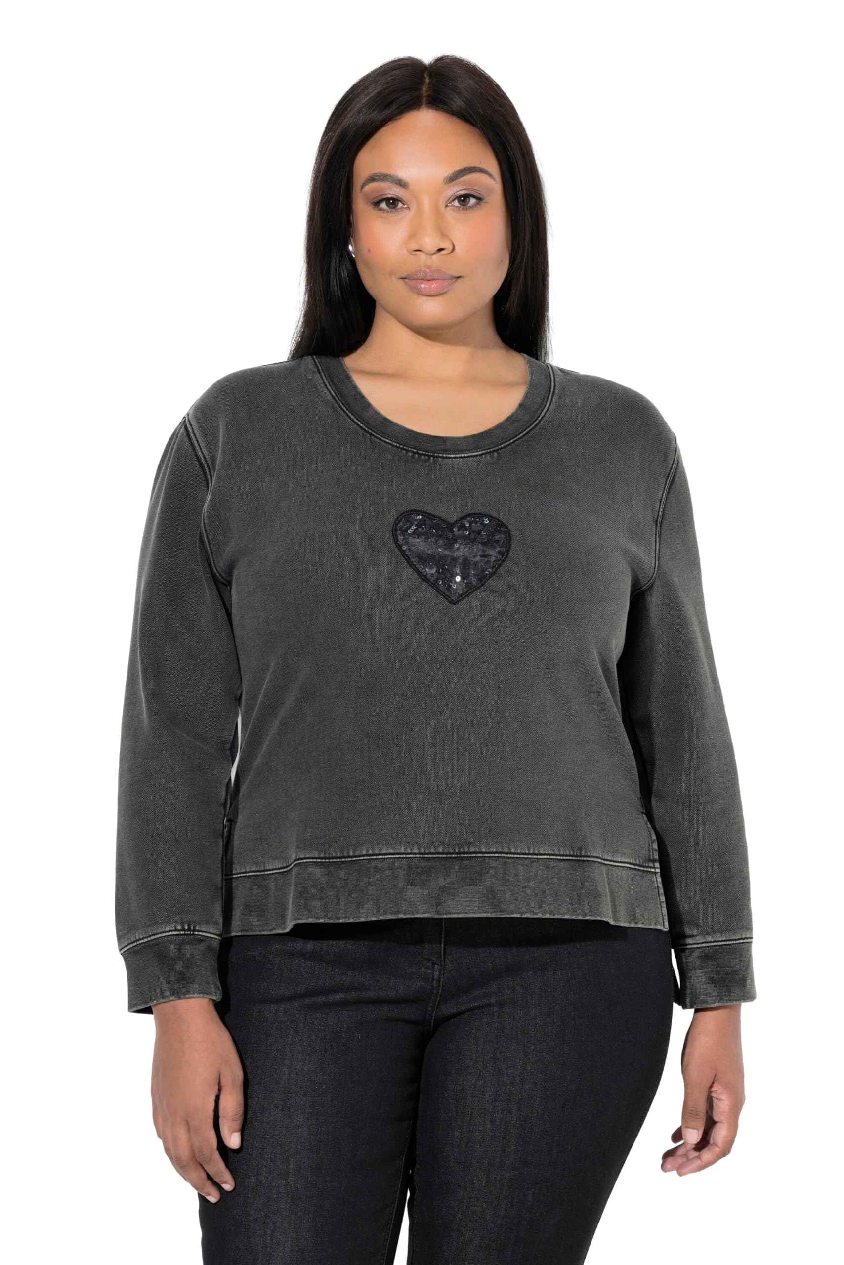 Ulla Popken Damen große Größen Übergrößen Plus Size Sweatshirt, Pailletten-Herz, Rundhals, Langarm 836104
