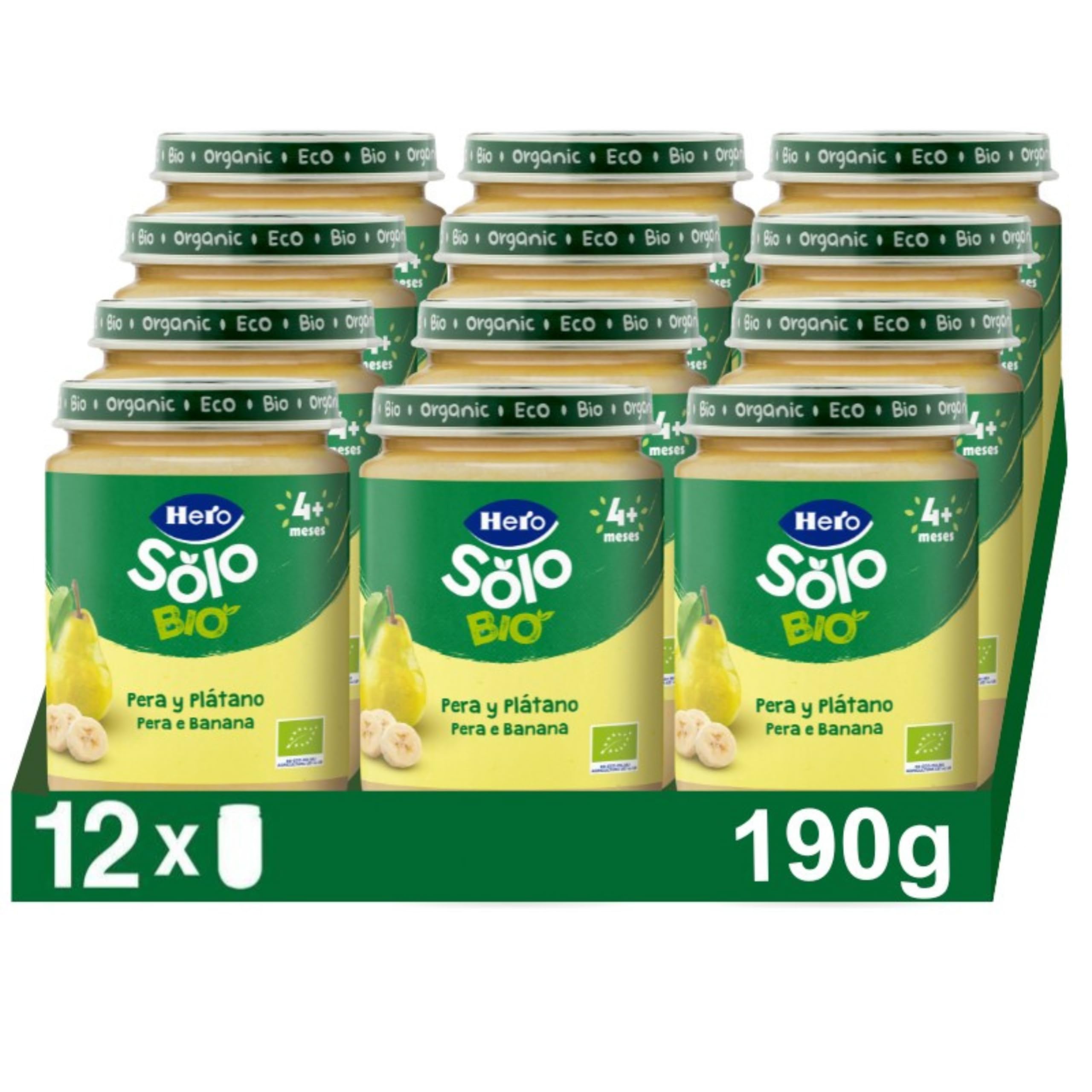 Hero Solo Bio Tarritos de Pera y Plátano 100% Ecológico para Bebés 4 Meses Pack 12 x 190 g