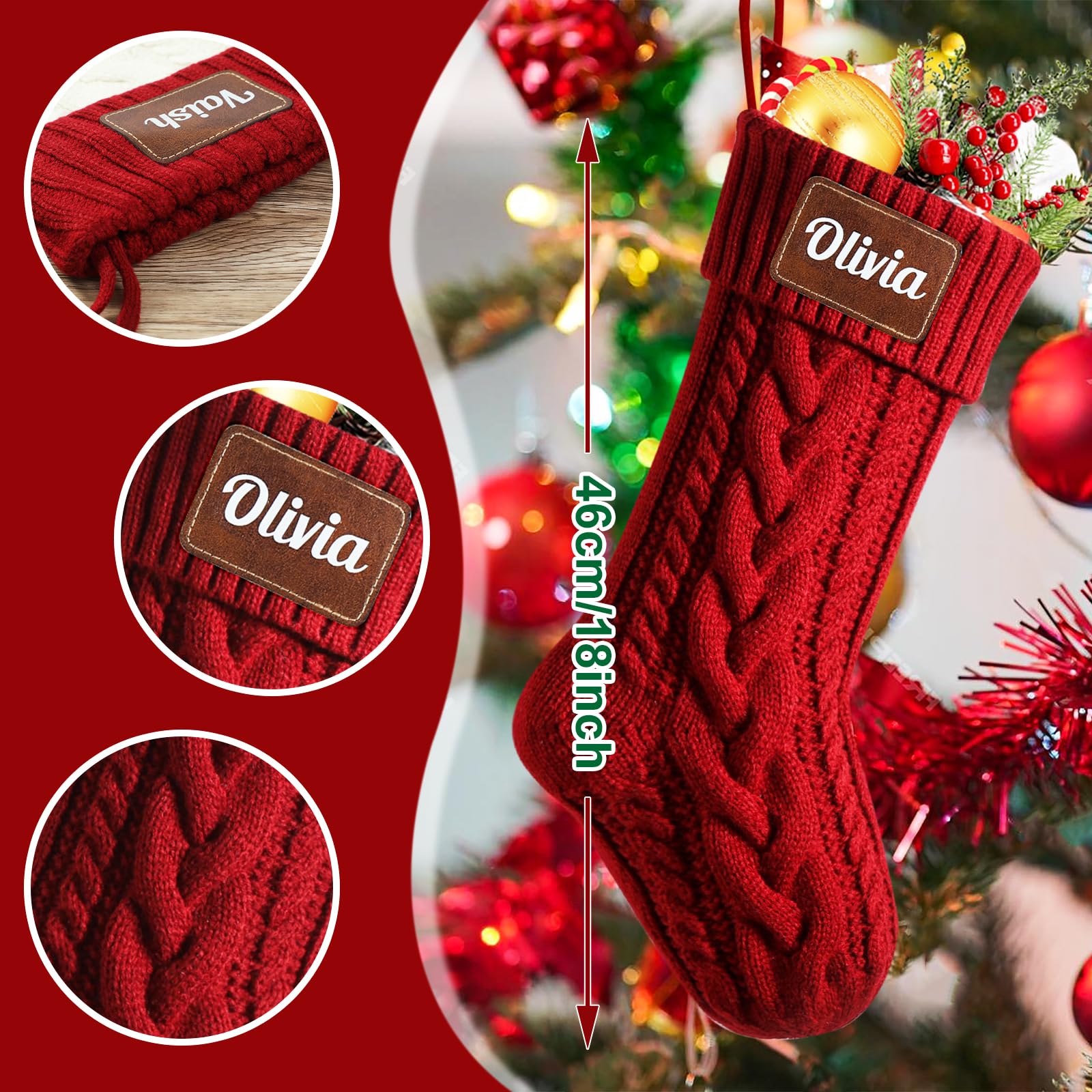 NIBESSER Weihnachtsstrumpf Personalisiert 4er Set Nikolausstrumpf mit Benutzerdefinierte Namen 18” Großer gestrickter Weihnachtsstrumpf Christmas Stockings für Feiertags, Familienparty, Dekoration