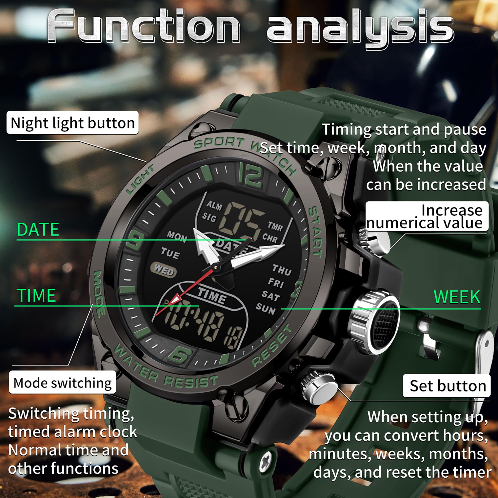 findtime Montre numérique de sport étanche pour homme, chronomètre, alarme, pour la course à pied, la natation, montre analogique à grand cadran Relojes para Hombres