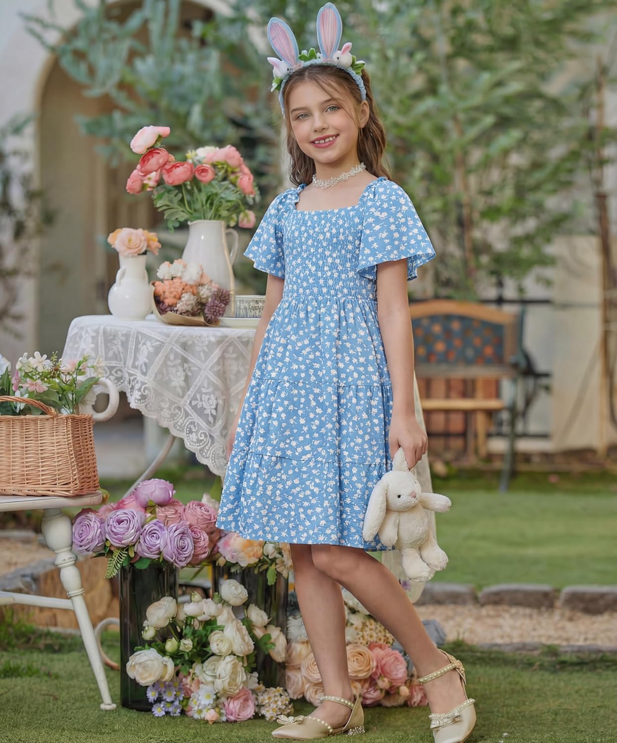Arshiner Girls Summer Dress Tween Boho Casual Smocked Swing Flowy Ruffle Midi Dresses with Pockets