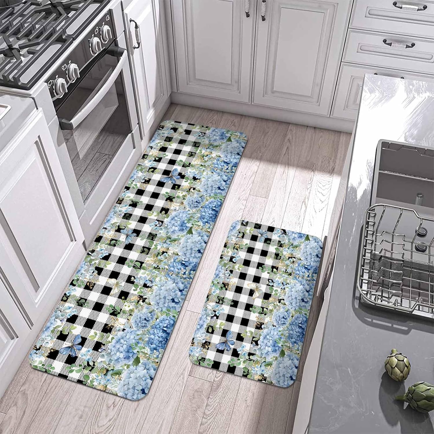 Prime Leader Blue Hydrangea Kitchen Mat Set 2 Pieces Rustic Summer Blue Floral Butterfly Black Plaid Non Slip Kitchen Rugs Washable Runner Rug Mats for Sink Laundry (15.7" x 23.6"+15.7" x 47.2")