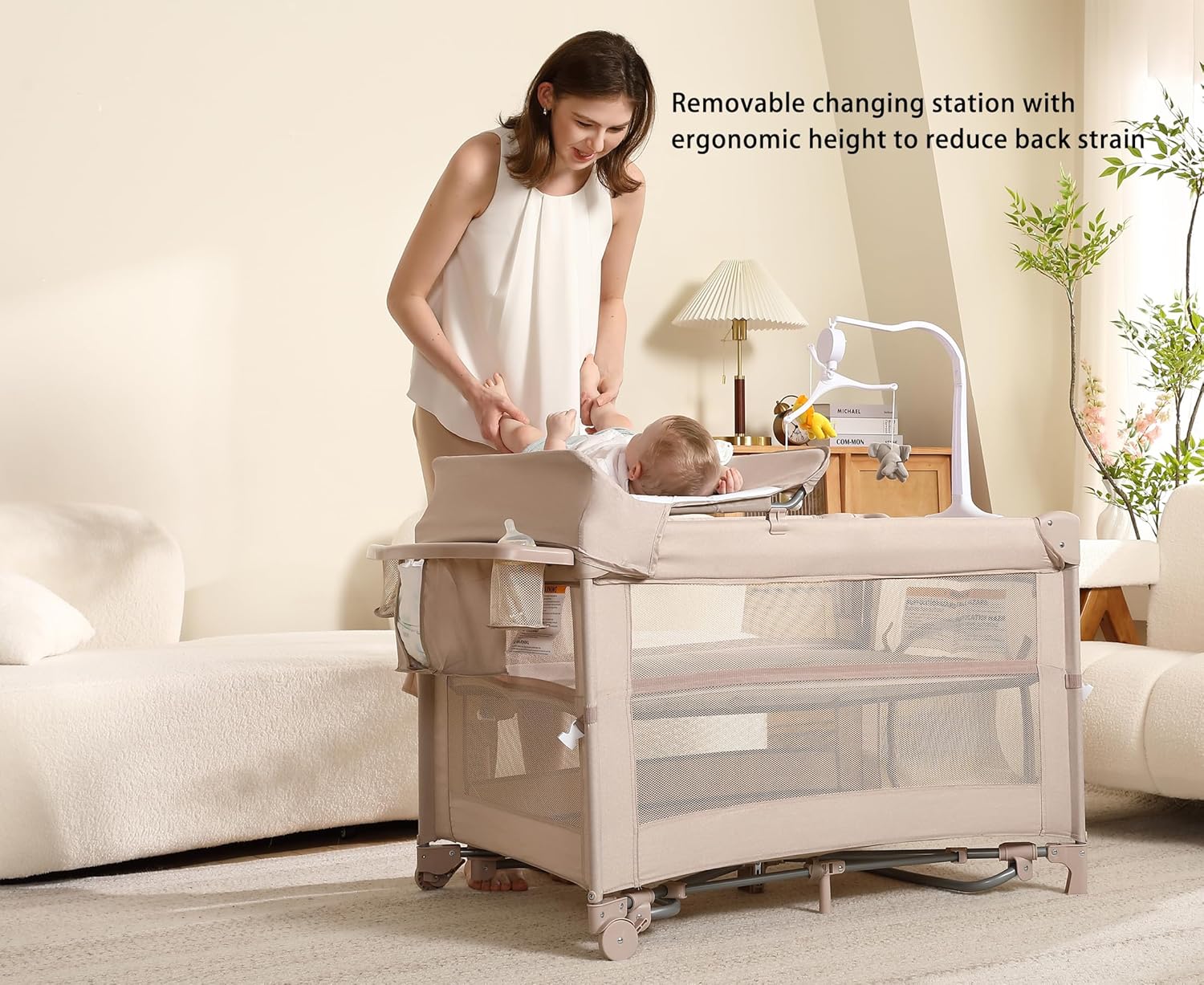 Pack and Play, 5 in 1 Baby Playard – Portable Crib, Bassinet, Bedside Sleeper, Changing Table & Playpen | Breathable Mesh | Safe & Foldable for Newborns to Toddlers (Beige) - Image 3