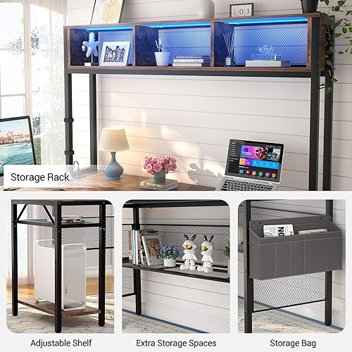 Miniatura 5 de Unikito Escritorio para juegos en forma de L con luces LED y tomas de corriente, escritorio reversible para computadora con estantes de