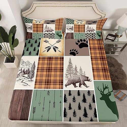Miniatura 218 de Sábana bajera ajustable de oso de caza, juego de ropa de cama a cuadros de búfalo, sábanas de retazos de cabaña rústica para niños, niños, Multi