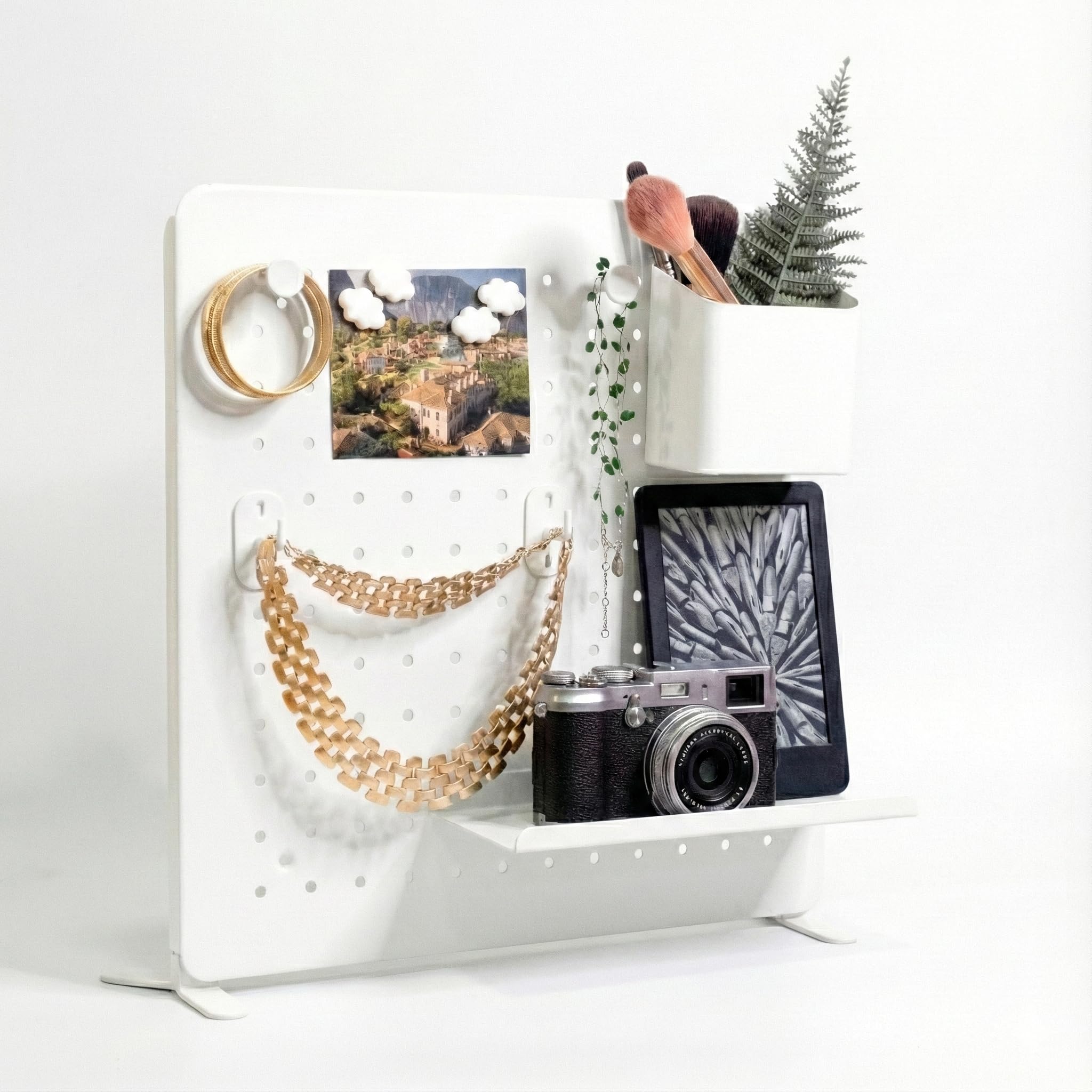 L'essentiel Home and Office - Pannello forato in metallo autoportante con accessori e supporto (bianco, 37 x 37 cm)