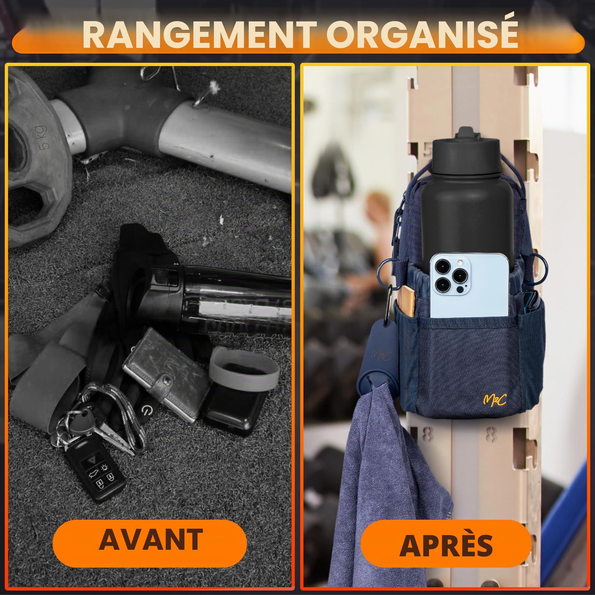 M2C® Sac Magnétique Salle De Sport avec Aimants Puissants | Avec Support Bouteille, Support Téléphone, Clip Porte-Clés, Grande Poche Principale, Serviette De Sport Et Porte-Serviette