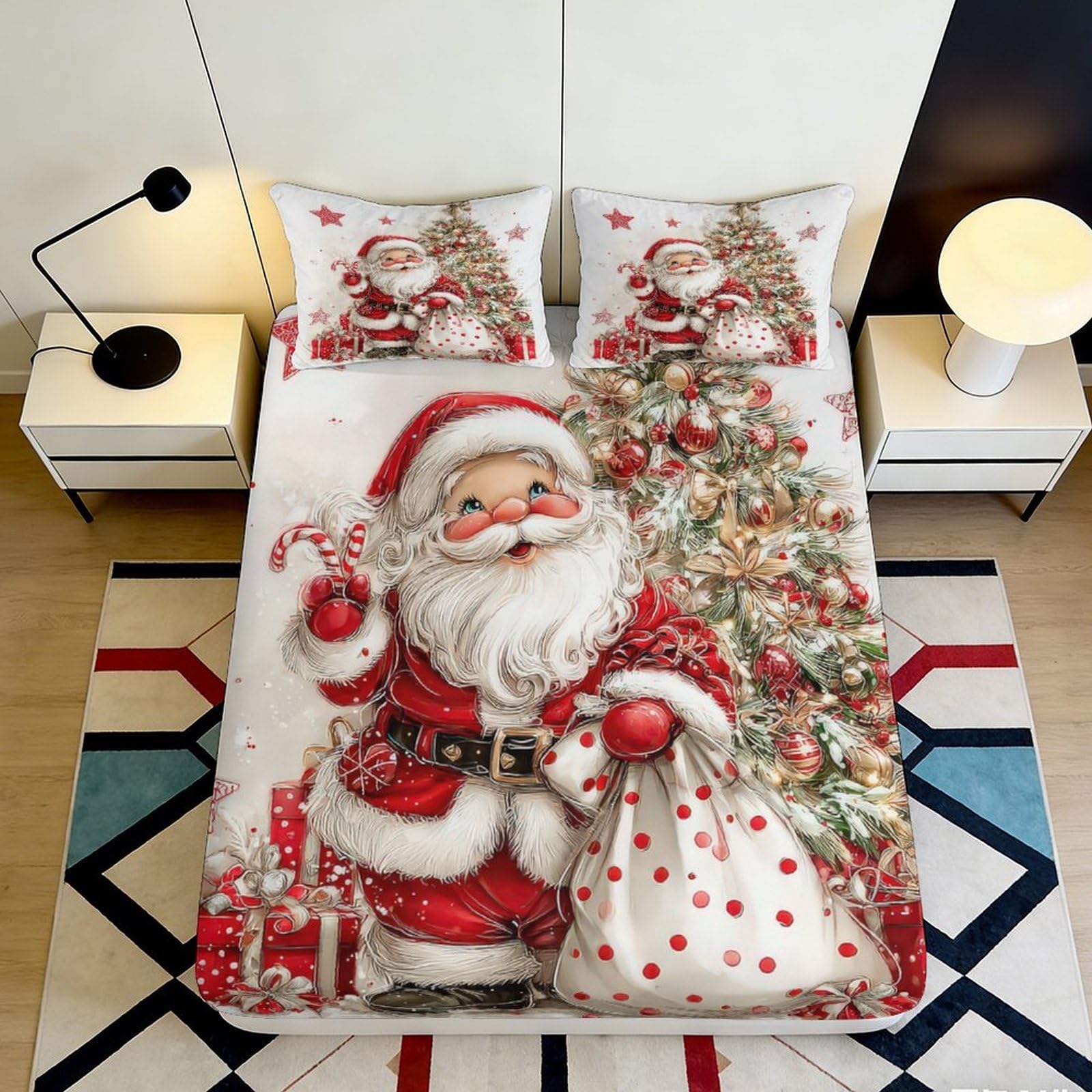 Jqzkxnhpbr Style-8 3D Printed Christmas Santa Fitted Sheet Microfiber Soft Red Tree Bed Cover For Bedroom Guest Room Decor 90X200x25cm
