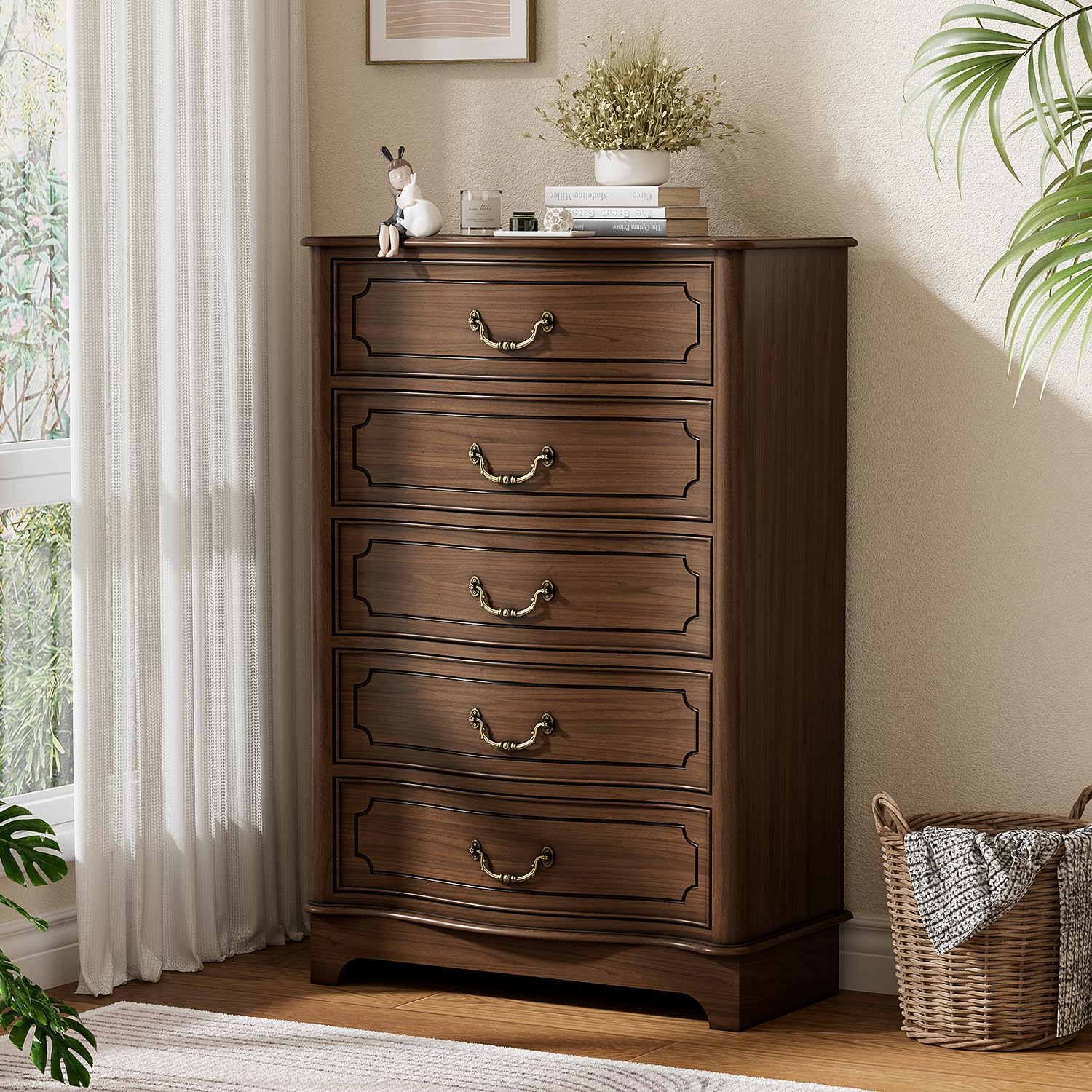 Farmhouse 5 Drawers Dresser for Bedroom, 48" Tall Dressers & Chests of Drawers, Large Storage Dressers Organizer with Vintage Golden Handles for Bedroom, Living Room, Closet, Hallway, Walnut