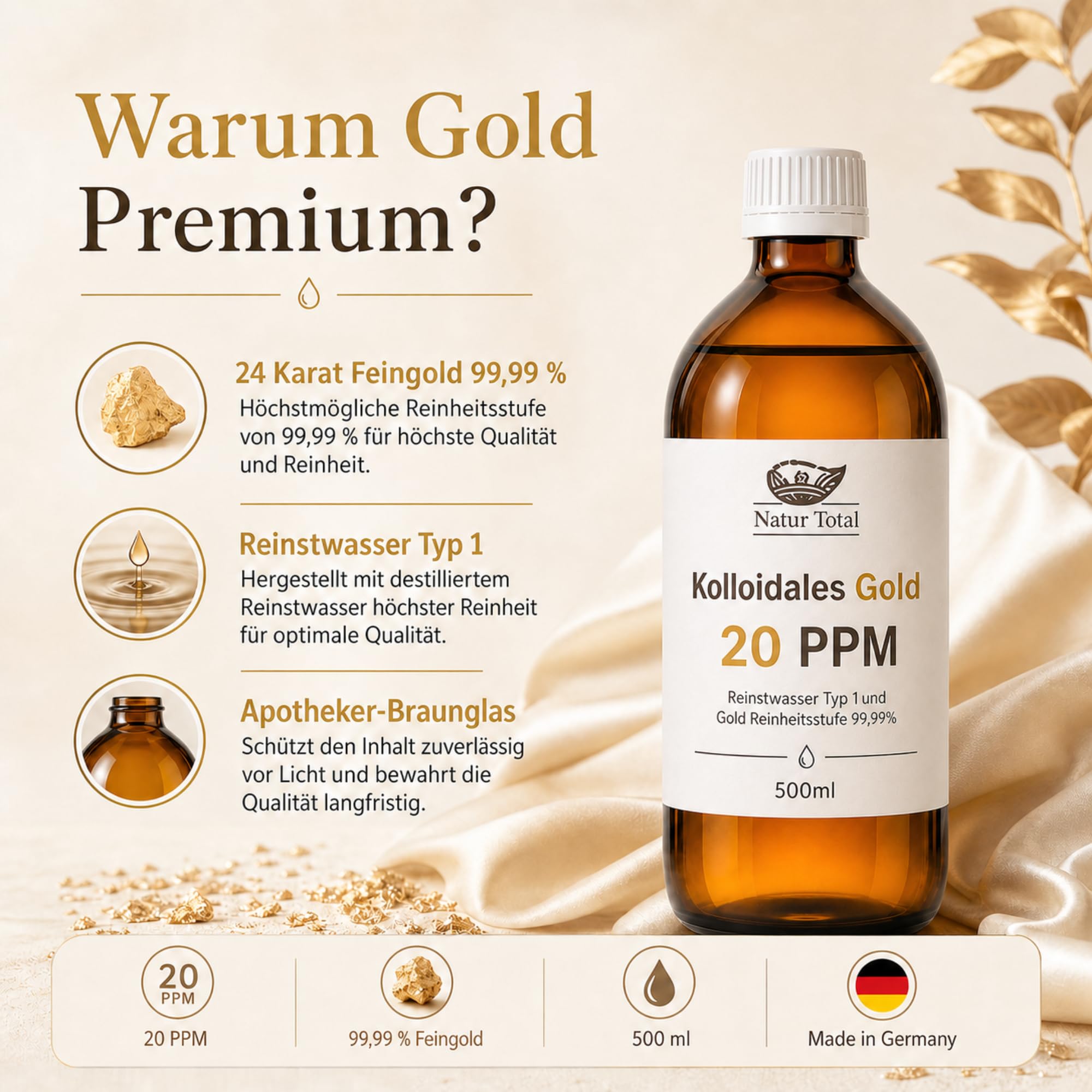 Natur Total Kolloidales Gold 20 PPM 500ml | Apotheker-Braunglasflasche | Reinstwasser Typ 1 | 99,99% Feingold (24 Karat) | Sanfte Anti-Aging-Pflege für reife Haut & Beauty