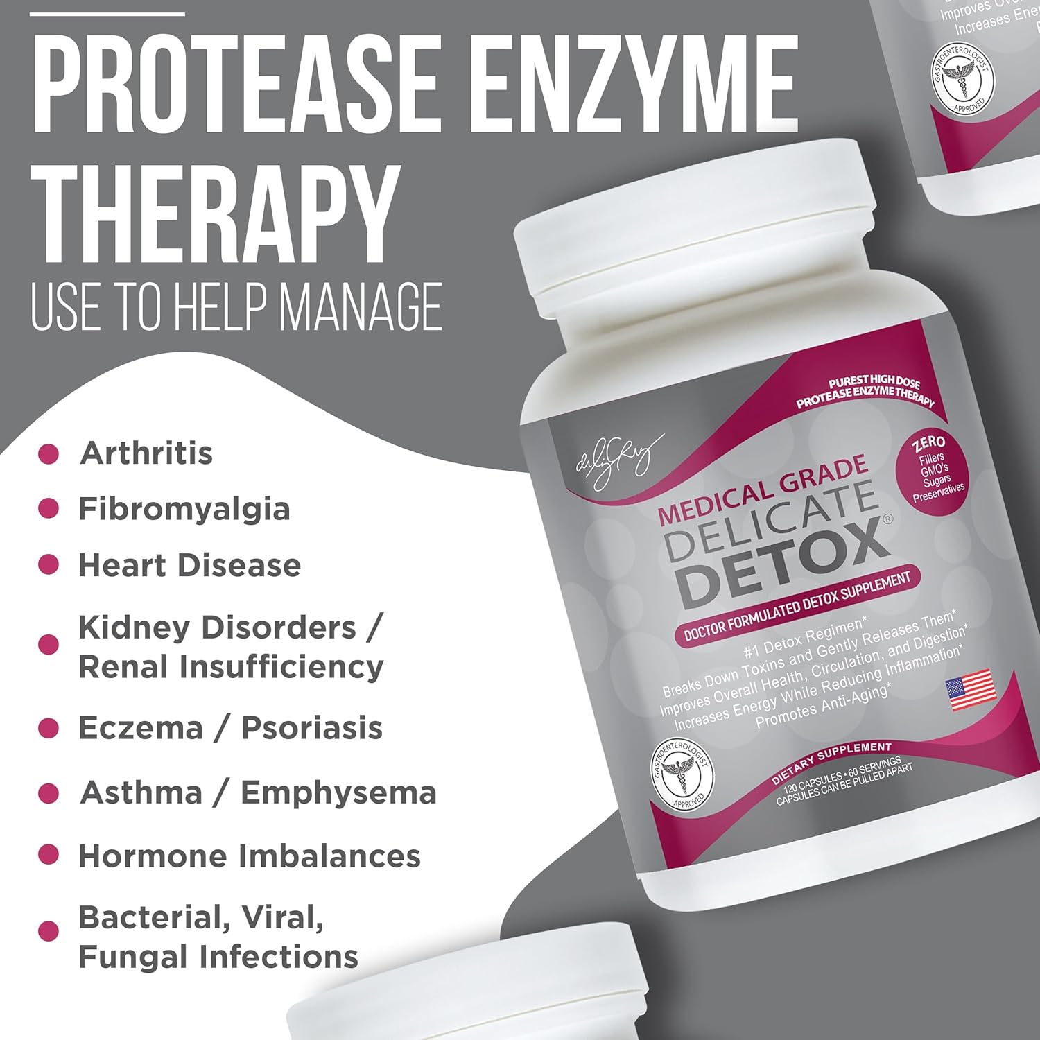 Dr. Liz Cruz Delicate Detox - Enzymes Supplement, Dietary Supplements, Medical-Grade Protease Enzymes, Daily Essential Enzymes for Detox, Non-GMO, 120 Veggie Capsules