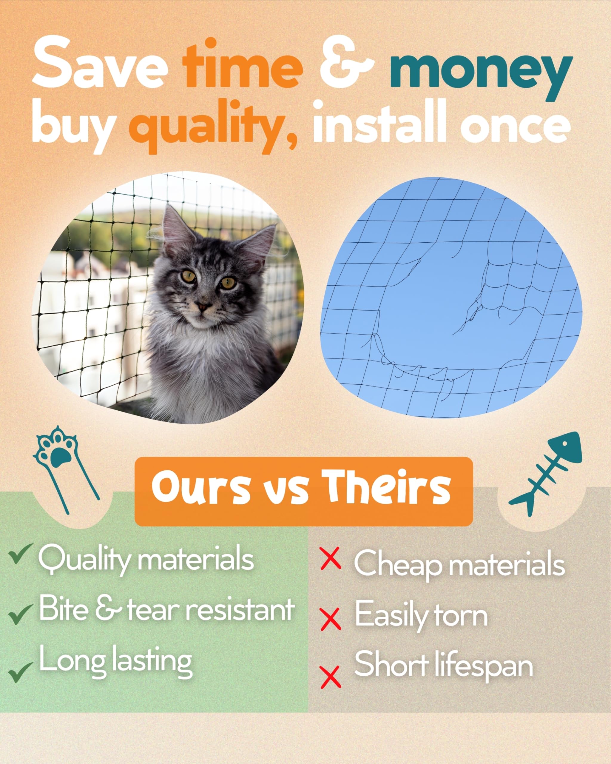 Stahlverstärktes Katzennetz für Balkon – 3 m x 6,1 m – Katzennetz für Catio – Sicherheitsnetz für Haustiere – Tiersicherer Bildschirm – starkes Haustiernetz – Kätzchen Balkon Schutz – Barriere für