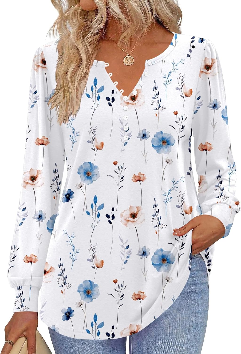 Zeagoo Fall Tops for Women Long Sleeve Button Up Shirts Floral Tunics V Neck Pullover Blouse - Image 2