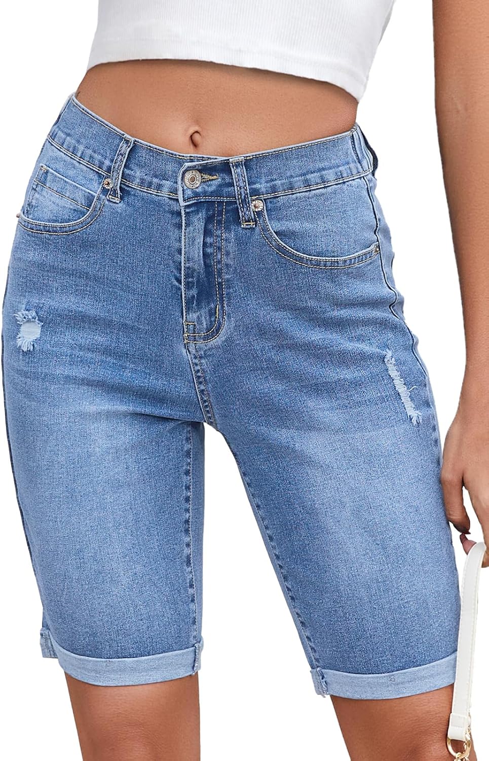 Metietila Women's High Waisted Bermuda Denim Shorts Folded Hem Elastic Waist Stretchy Jean Shorts