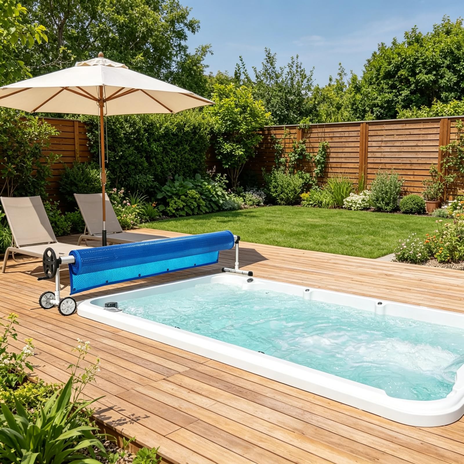 Enrouleur de Bâche 3 m - 5,7 m Réglable, Système d'enroulage en Aluminium avec manivelle et Roues, Télescopique Enrouleur de Piscine pour Solaire Mobile