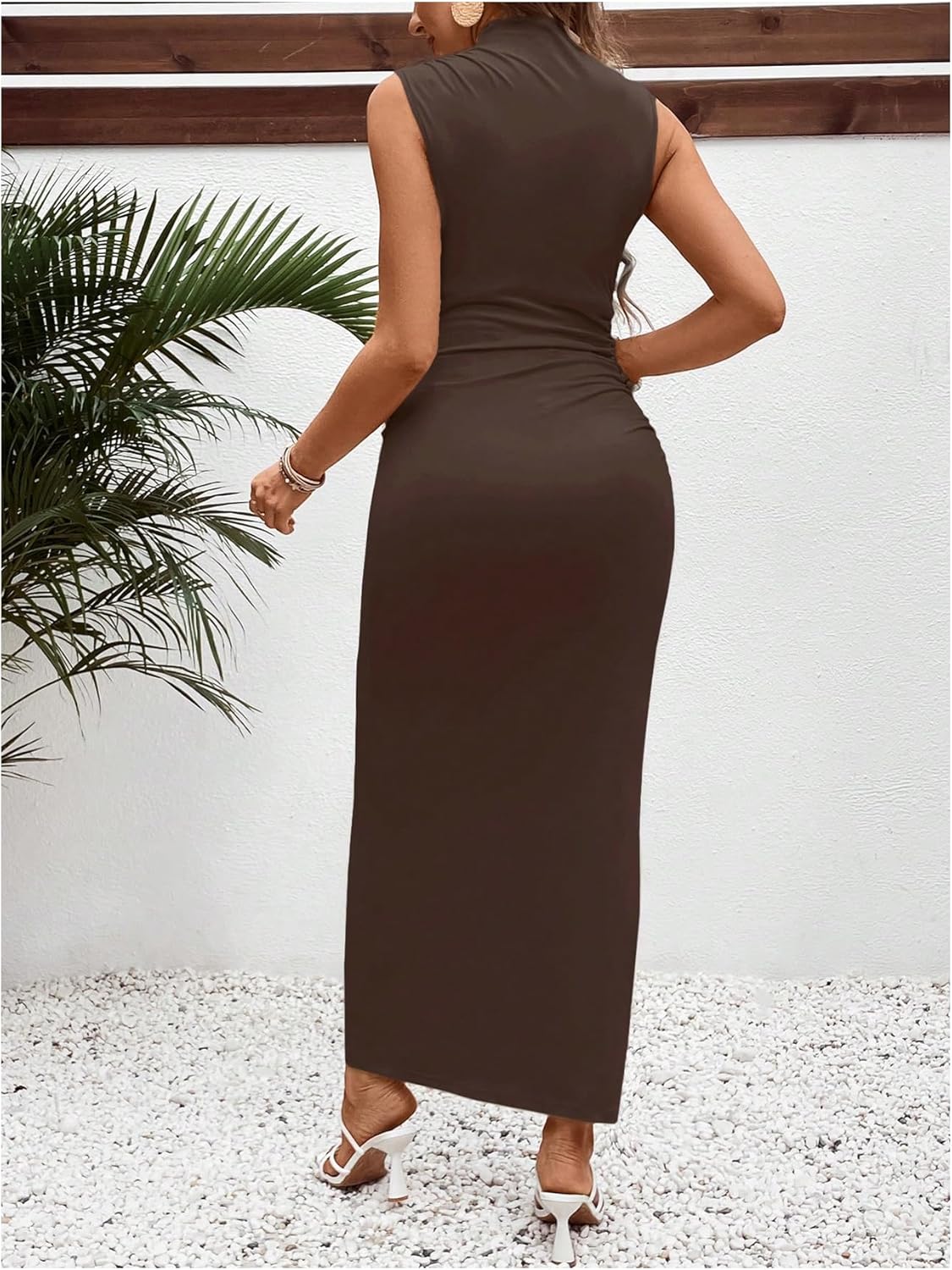 OYOANGLE Women's Maternity Mock Neck Sleeveless Ruched Dress Pregnancy Bodycon Maxi Tank Dresses Baby Shower Photoshoot - Image 2