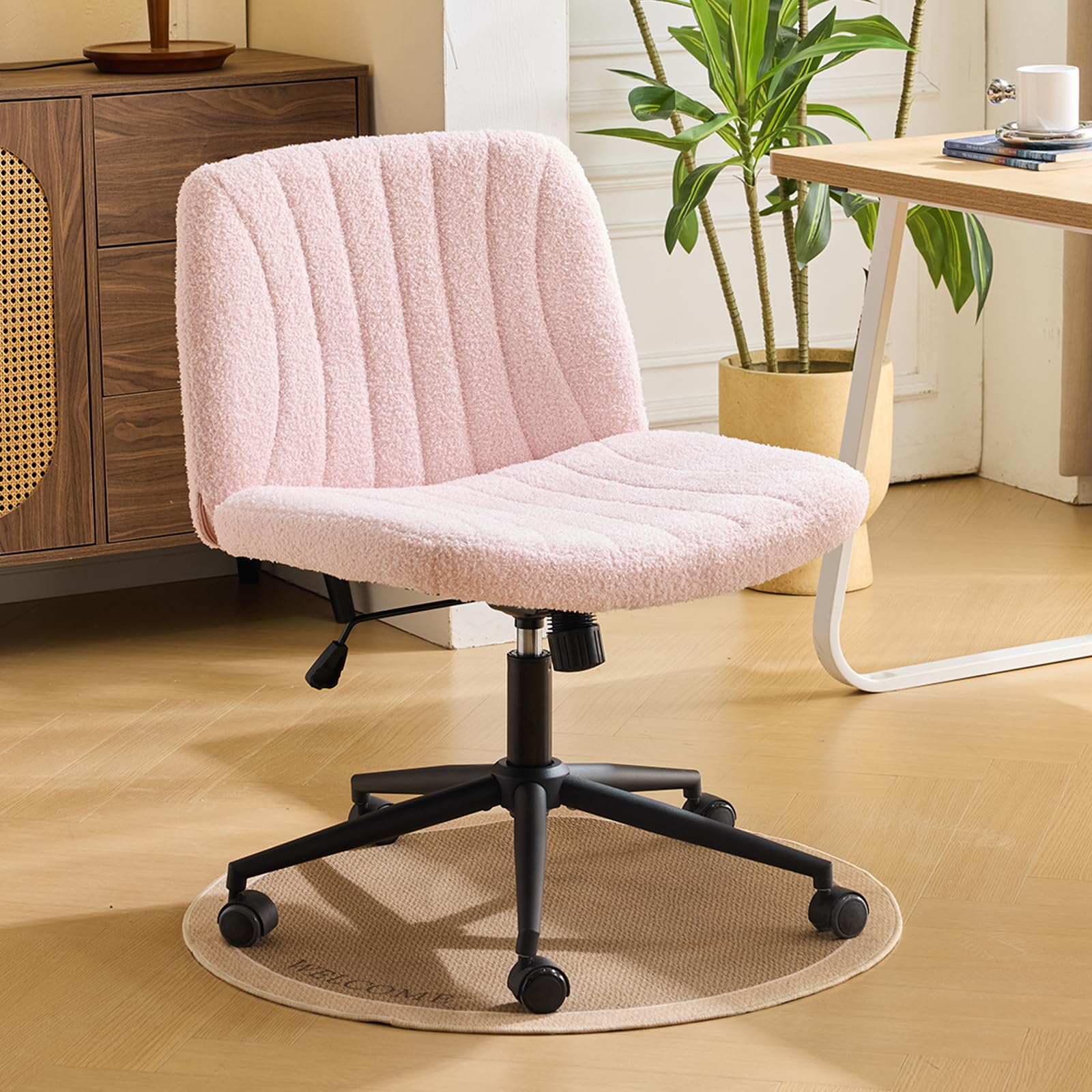 Bonnlo Criss Cross Legged Thick Padded Armless Comfy Office Desk Chair with Dual-Purpose Base,Adjustable Swivel Modern Vanity Chair,Rolling for Home Office, Computer,Task,Makeup, Teddy Fleece, Pink