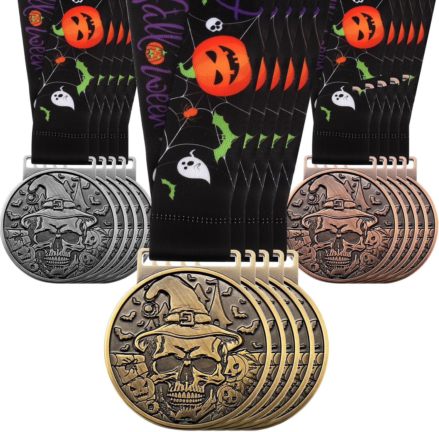 30 Pcs Halloween Medals Awards 2″ Skeleton Trophy Medals Bulk with Neck Ribbon Golden Best Costume Trophy Award for Halloween Party Prizes Skeleton Costume Contest
