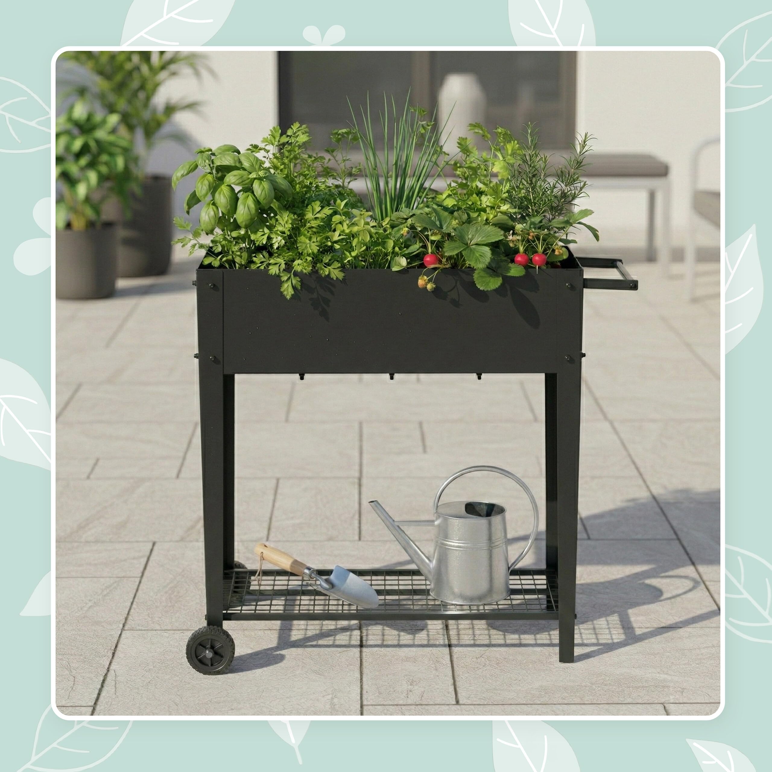 Relaxdays Jardinera elevada con Estante y Ruedas, para jardín, balcón y terraza, 80 x 85 x 50 cm, Negro