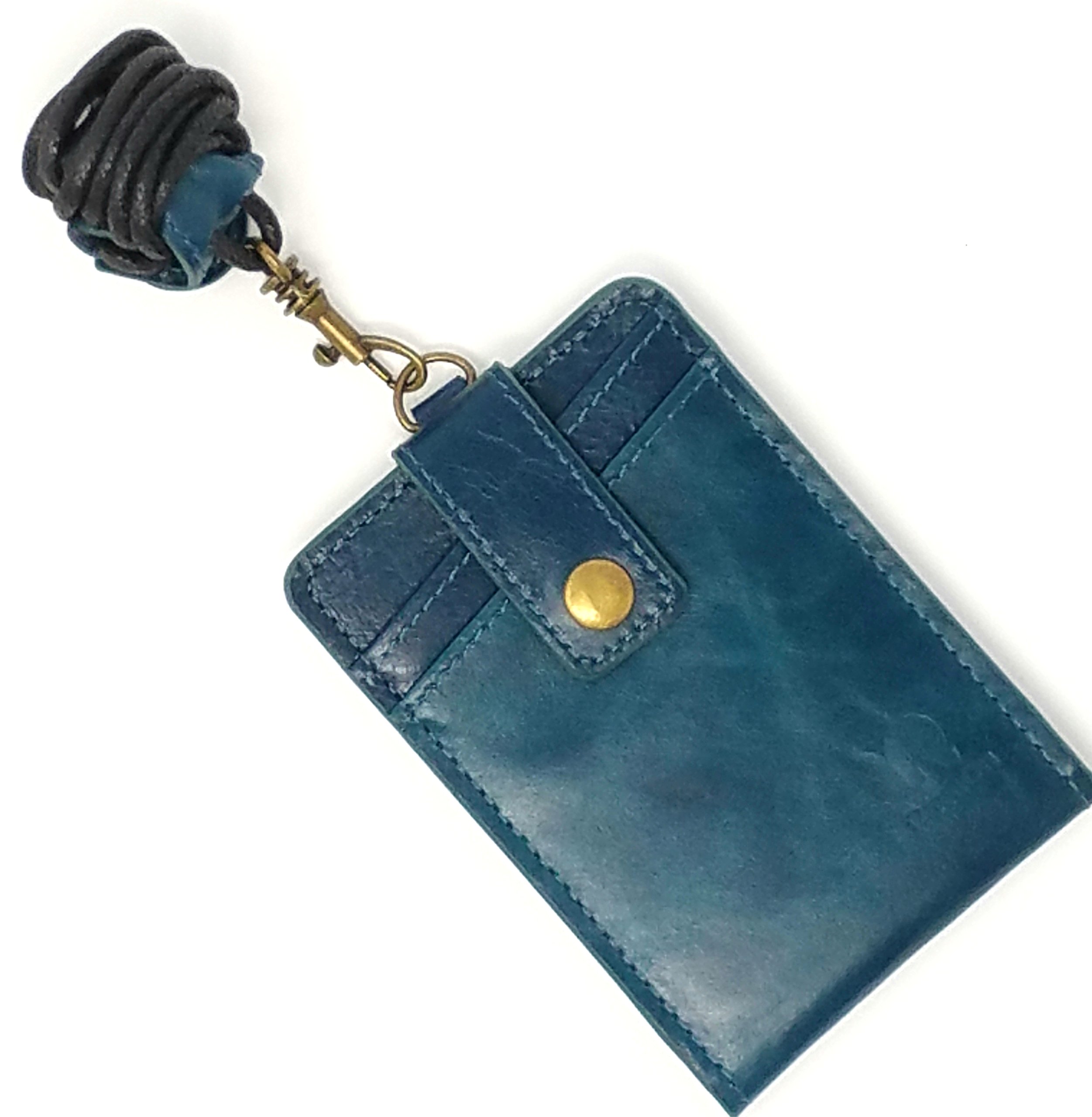 Neck Wallet ID Badge Holder Lanyard Genuine Leather (Blue)