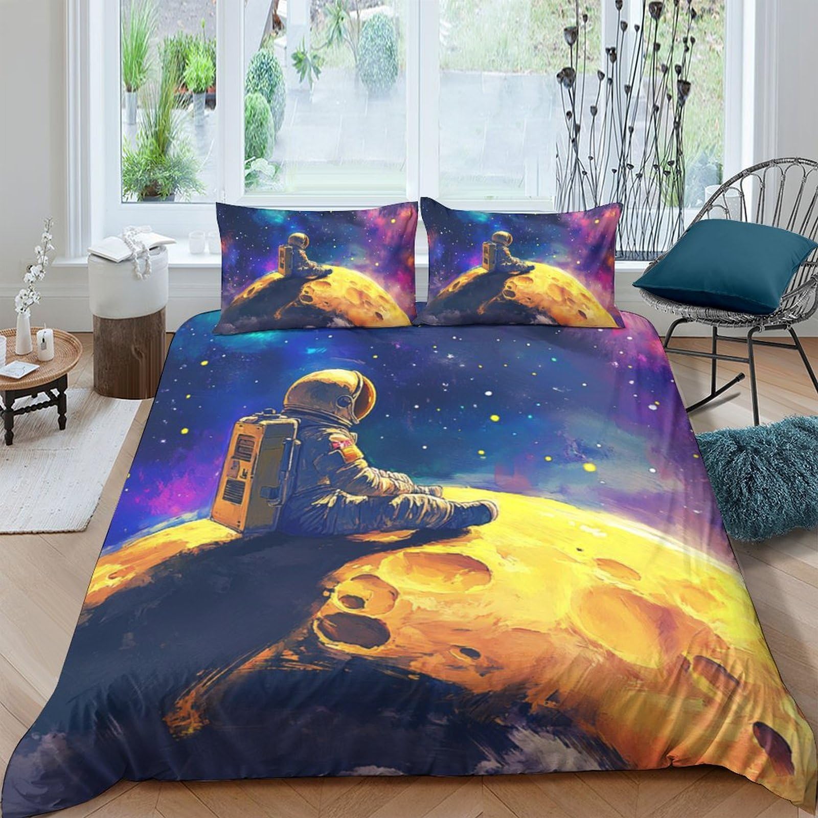 Ctjqhvkz Style-3 3D Printed Astronaut Galaxy Fitted Sheet Microfiber Soft Breathable Moon Mattress Cover For Bedroom Dorm Decorative Single（135X200cm）