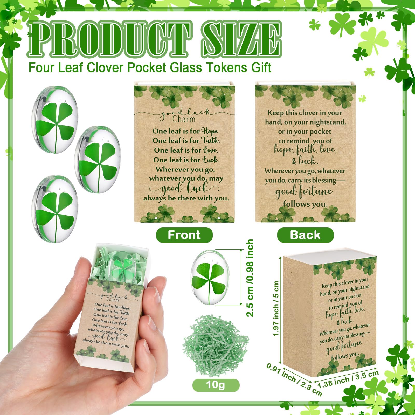 Bucherry 20 Set St. Patrick's Day Gift Bulk Four Leaf Clover Glass Token Charms with Greeting Boxes Irish Day Lucky Shamrock Gifts for DIY Friends Coworkers Employee Office Party Favors (Oval) — view 2