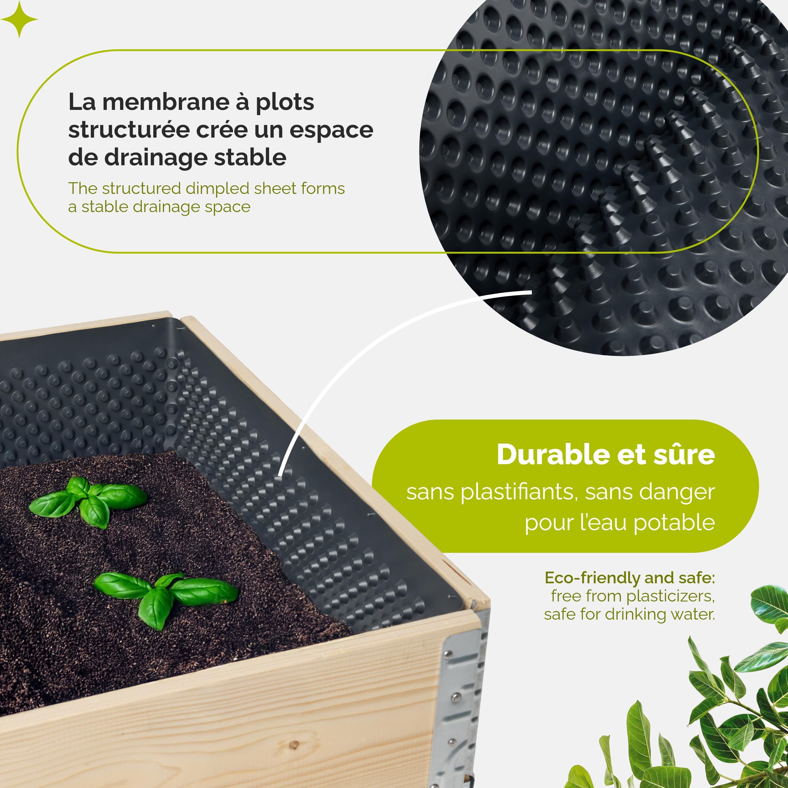 Membrane à plots HDPE 0,5 x 20 m pour Potager surélevé et Jardiniere Exterieur Film de Drainage Protection humidité