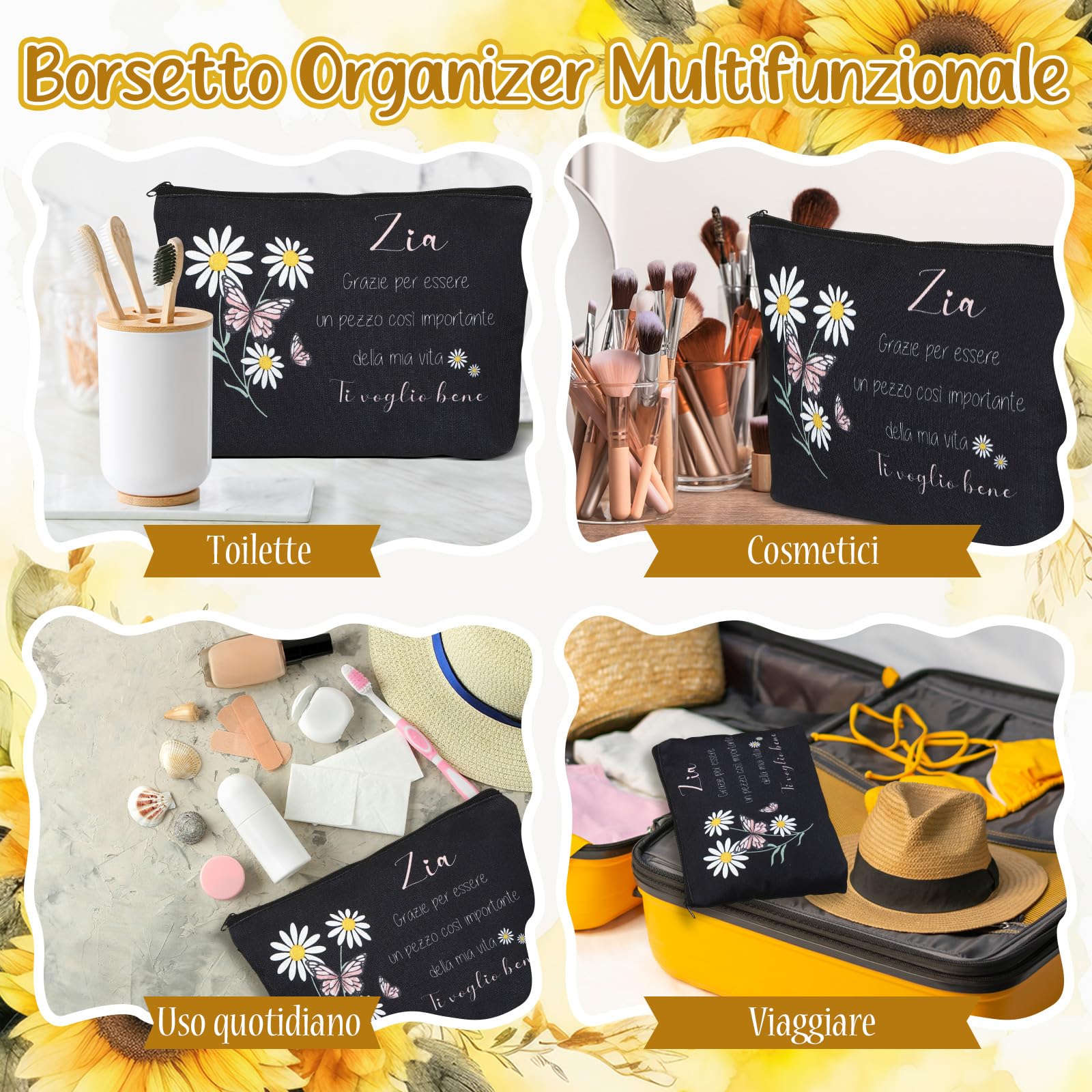 2 Pezzi Regalo per Zia Pochette Portatrucchi Portachiavi Ciondolo per Zia Compleanno Trousse per Cosmetici Borsa da Trucchi Floreale Regalini da Nipote per Donna Festa Natale(Nero)