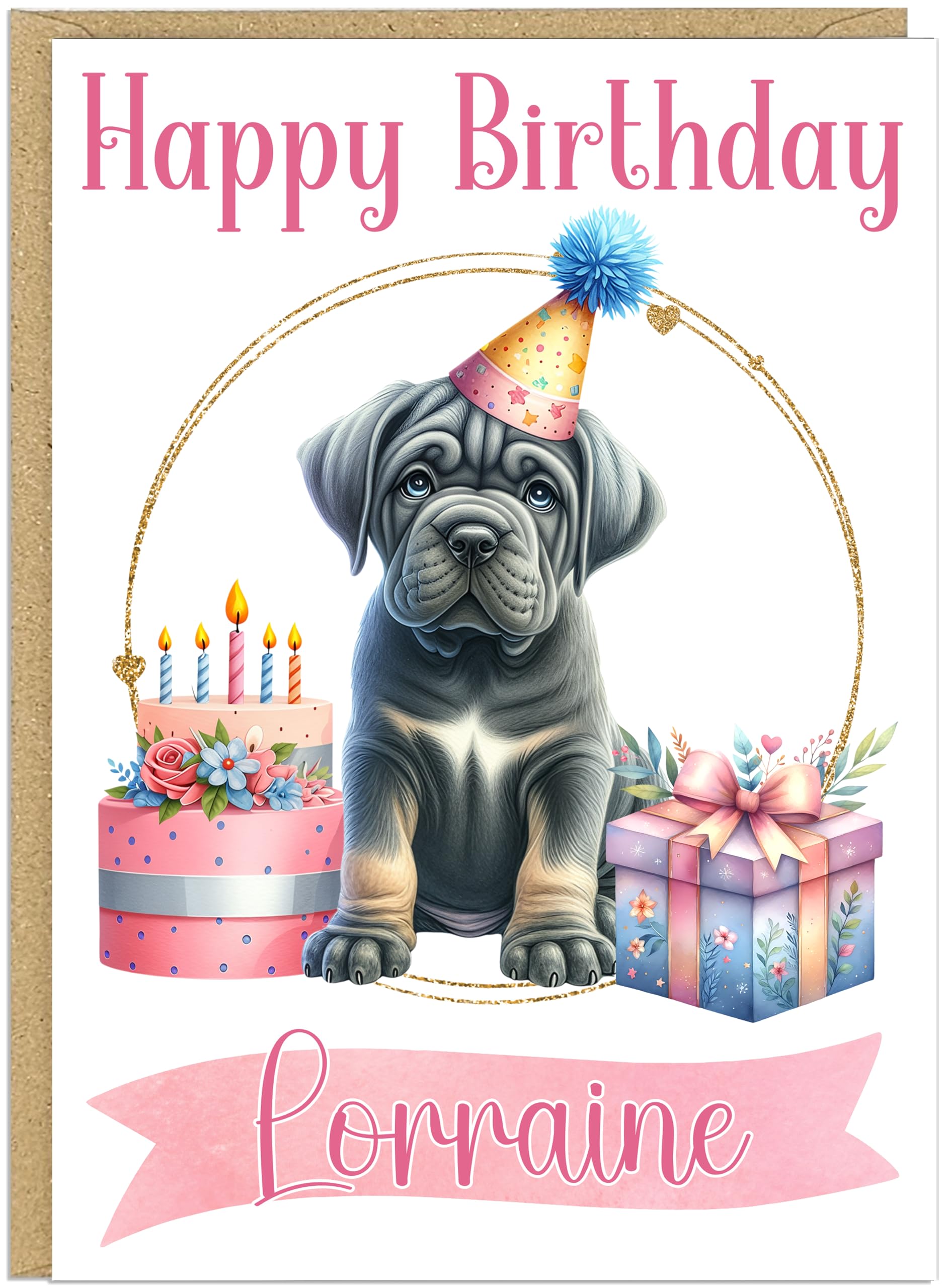 Personalised Happy Birthday Doggy Card For Her - Custom Own Family Friend Name Cute Puppy Dog Breed Design - Dog Lover Birthday Greeting Cards for Mum Grandma Nanna Friend (Bullmastiff)