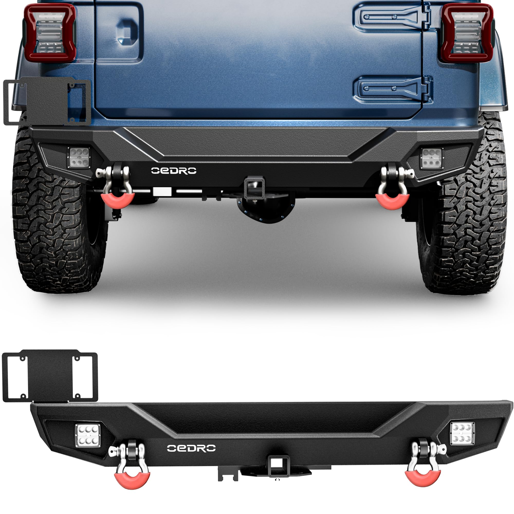 OEDRO Rear Bumper for Jeep, Compatible with 2018-2025 Wrangler JL, Off Road Rock Crawler Bumper with Hitch Receiver & 2 X Upgraded 18W LED Lights Textured Black
