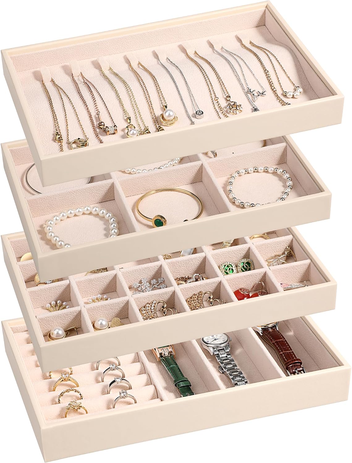 LANDICI LANDICI Stackable Jewelry Organizer Trays 4 Set,PU Leather Jewelry Organizer Drawer,Jewelry Storage Display Tray for Earring Necklace Rings Bracelet with Removable Dividers,Apricot