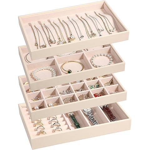 LANDICI Stackable Jewelry Organizer Trays 4 Set,PU Leather Jewelry Organizer Drawer,Jewelry Storage Display Tray for Earring Necklace Rings Bracelet with Removable Dividers,Apricot