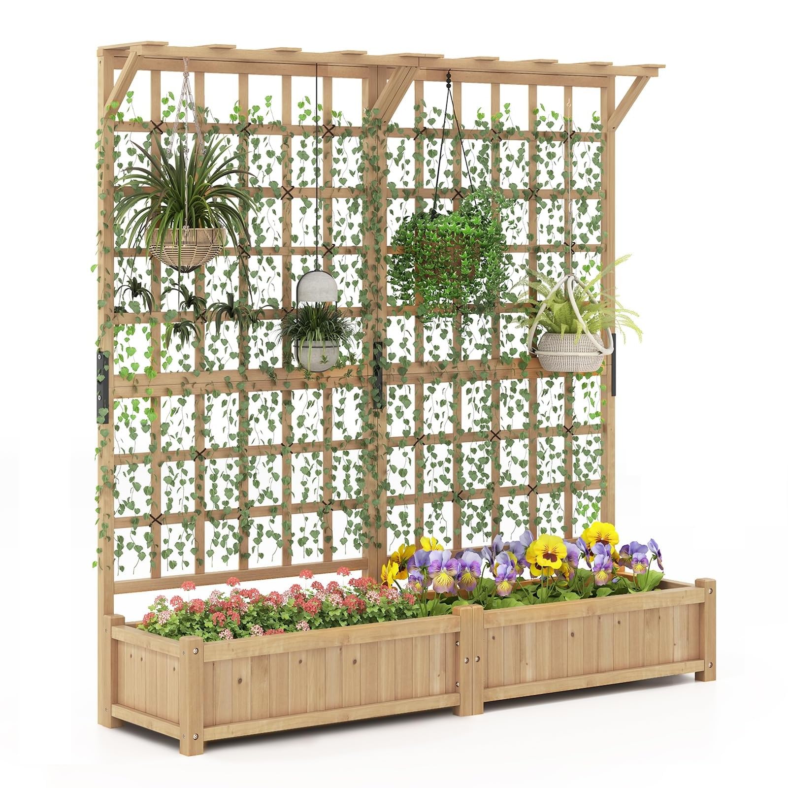 COSTWAY Fioriera in Legno con Traliccoio, Letto da Giardino con Grigliato, Tetto Appeso, 2 Scatole per Piante, 4 Fori di Drenaggio, Aiuola da Giardino Elevata per Piante Rampicanti e Fiori (Naturale)