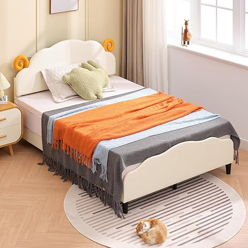 Miniatura 1 de BALUS Cama infantil con cabecera tapizada en forma de oveja, cama matrimonial para niños, plataforma moderna de perfil bajo, no necesita somieres