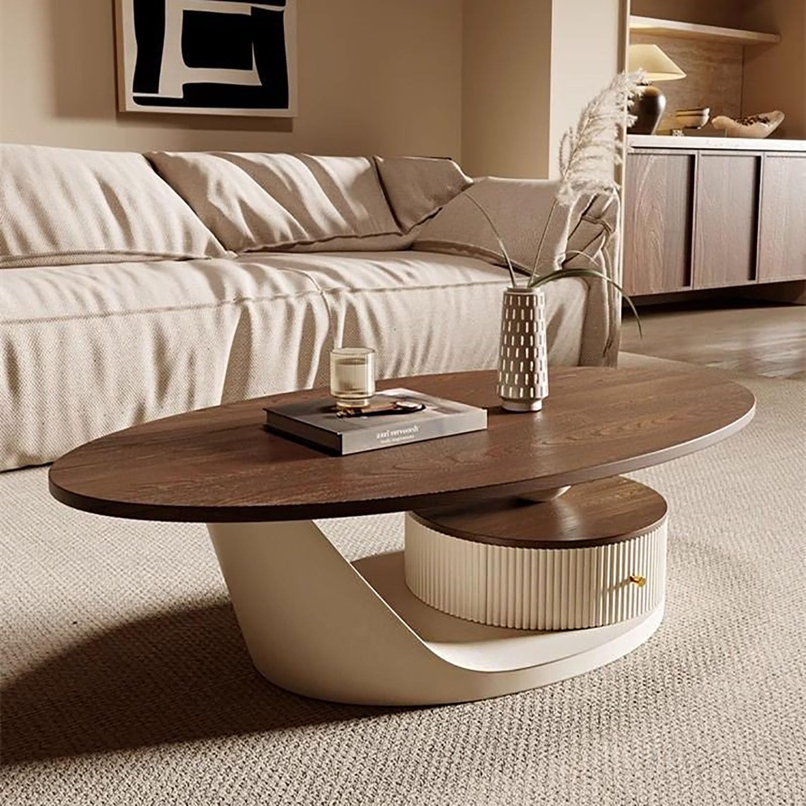 SXZenSpace Wood Nesting Coffee Table,Mid Century Oval Center Table Set of 2 with Side End Metal Frame for Living Room Dining Room,A,100x55x40cm(39x22x16)