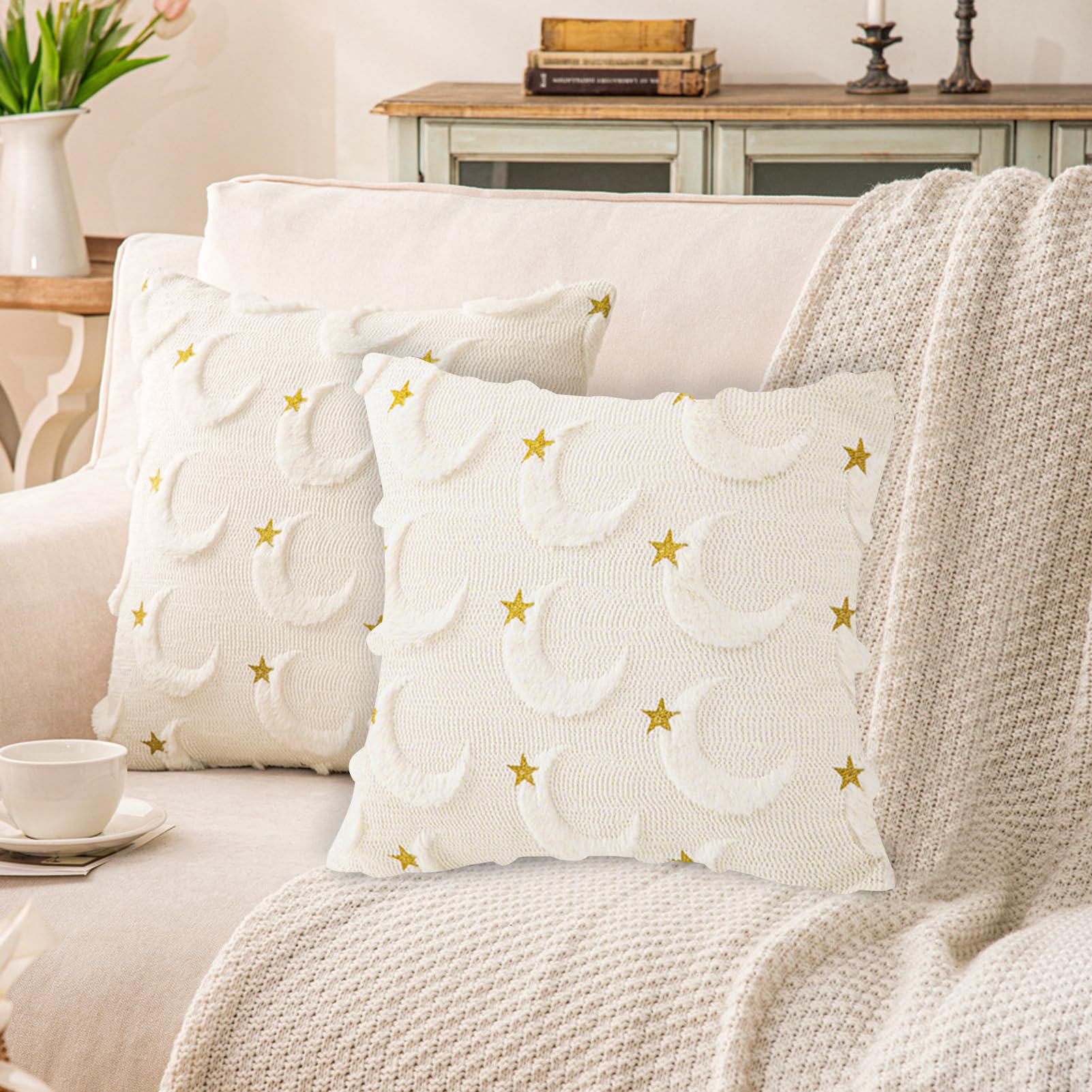 18X18 Inch Pillow Covers ,2 Set Star plush pillowcase ins style soft plush living room sofa pillow cushion waist pillow moon festival decoration,for Couch Sofa Bedroom Living Room Decor (white)
